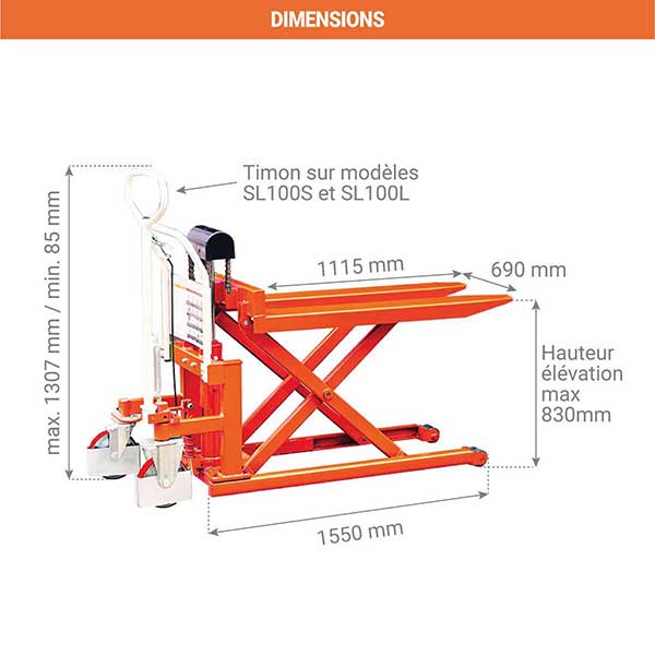 Transpalette manuel avec levée haute à grande stabilité - Fourches 1115x690mm - Levée max 830mm - Capacité 500kg - SL50L - 2