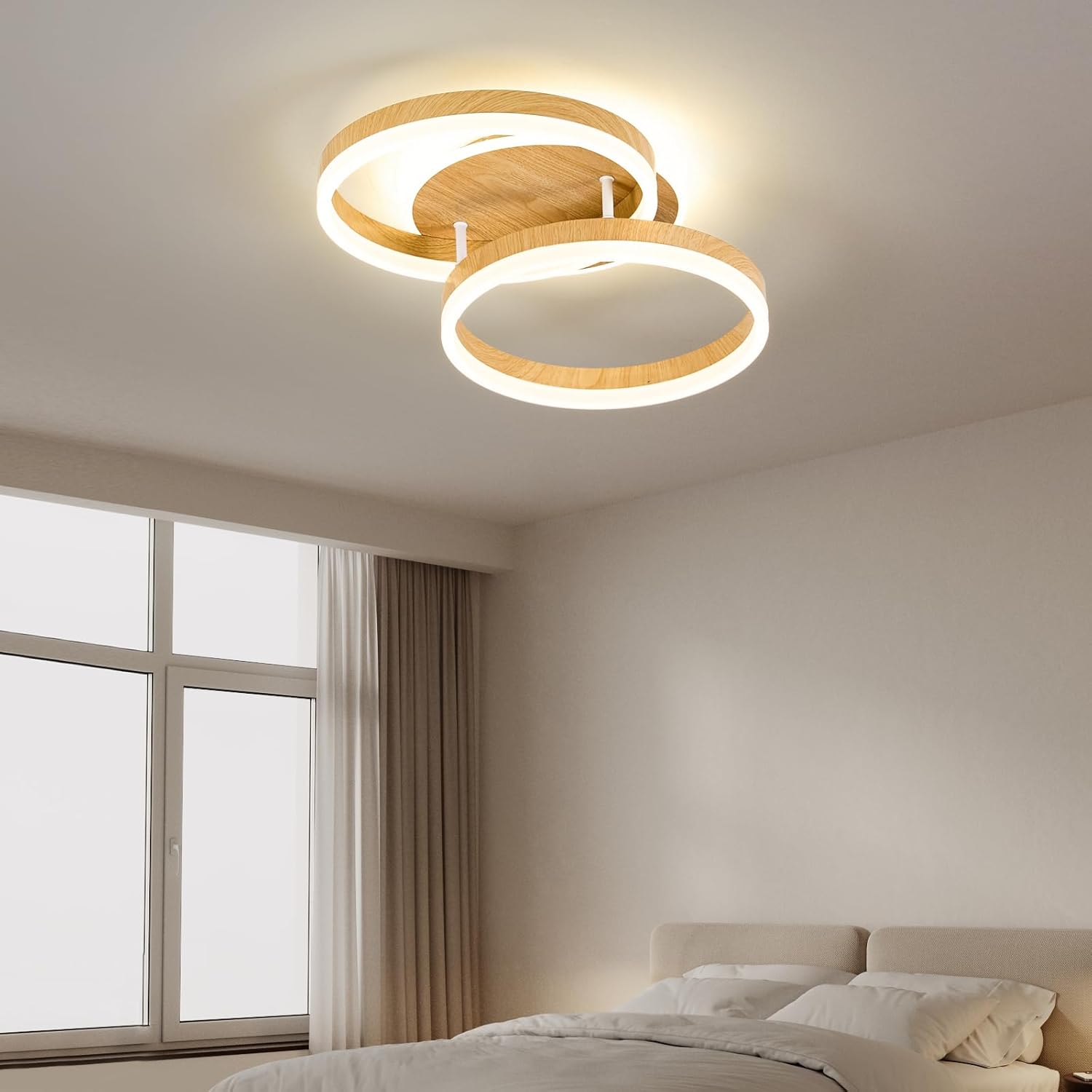 Amdelne Plafonnier LED 2 Anneaux Ø50cm 36W, Design Moderne, Dimmable avec Télécommande, Métal+Acrylique, Effet Bois, Salon/Chambre/Salle à manger - 8
