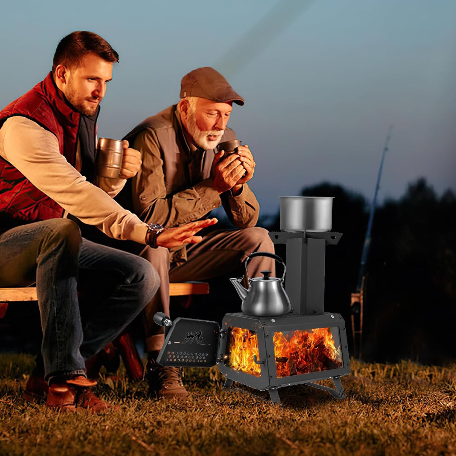 Poêle à Bois Portable KOMFOTTEU – 3 Zones De Cuisson, Grilles Latérales Rabattables, Fenêtre En Verre Céramique, 7 Kg, Pour Camping, Caravane Et Pique-nique (noir)