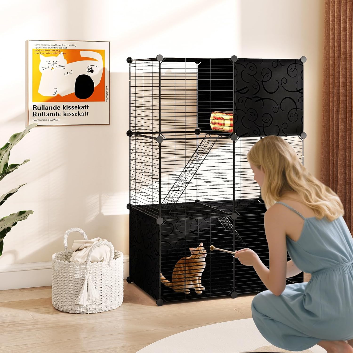 Gaiola para gatos de interior, recinto para gatos em arame metálico modular com 3 portas e 2 escadas, quarto, sala de estar (74 x 47 x 110 cm) - 5