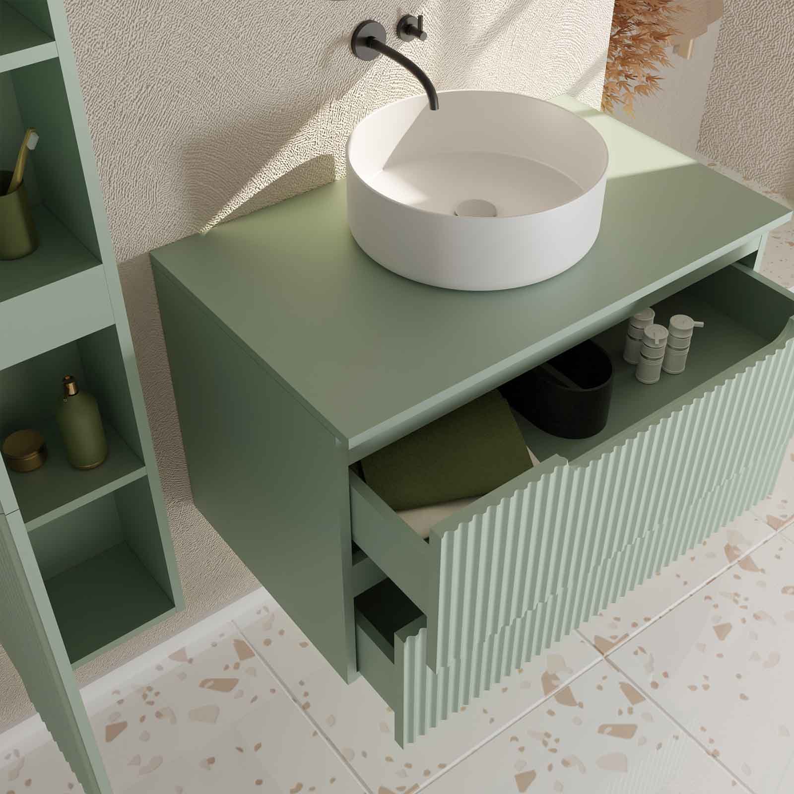 Meuble et colonne de Salle de Bains LEON 80cm Vert Olive - Façades Ondulées - Vasque Ronde 36cm - 2