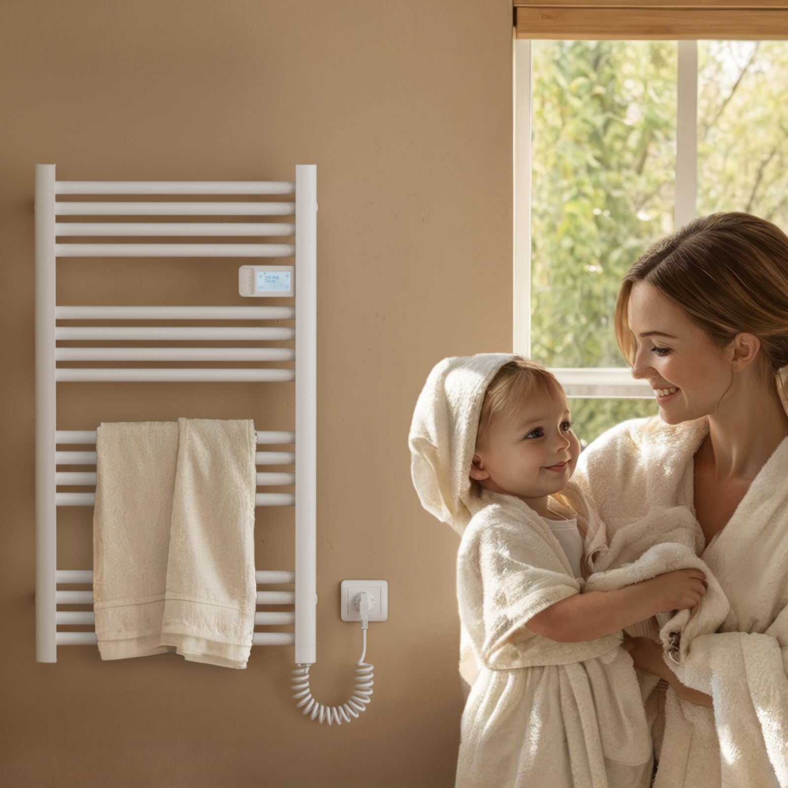 EMKE Sèche-Serviettes Électrique 960 x 540 mm, Porte-serviettes de salle de bain électrique avec interrupteur tactile et minuterie, Blanc, 500W - 3