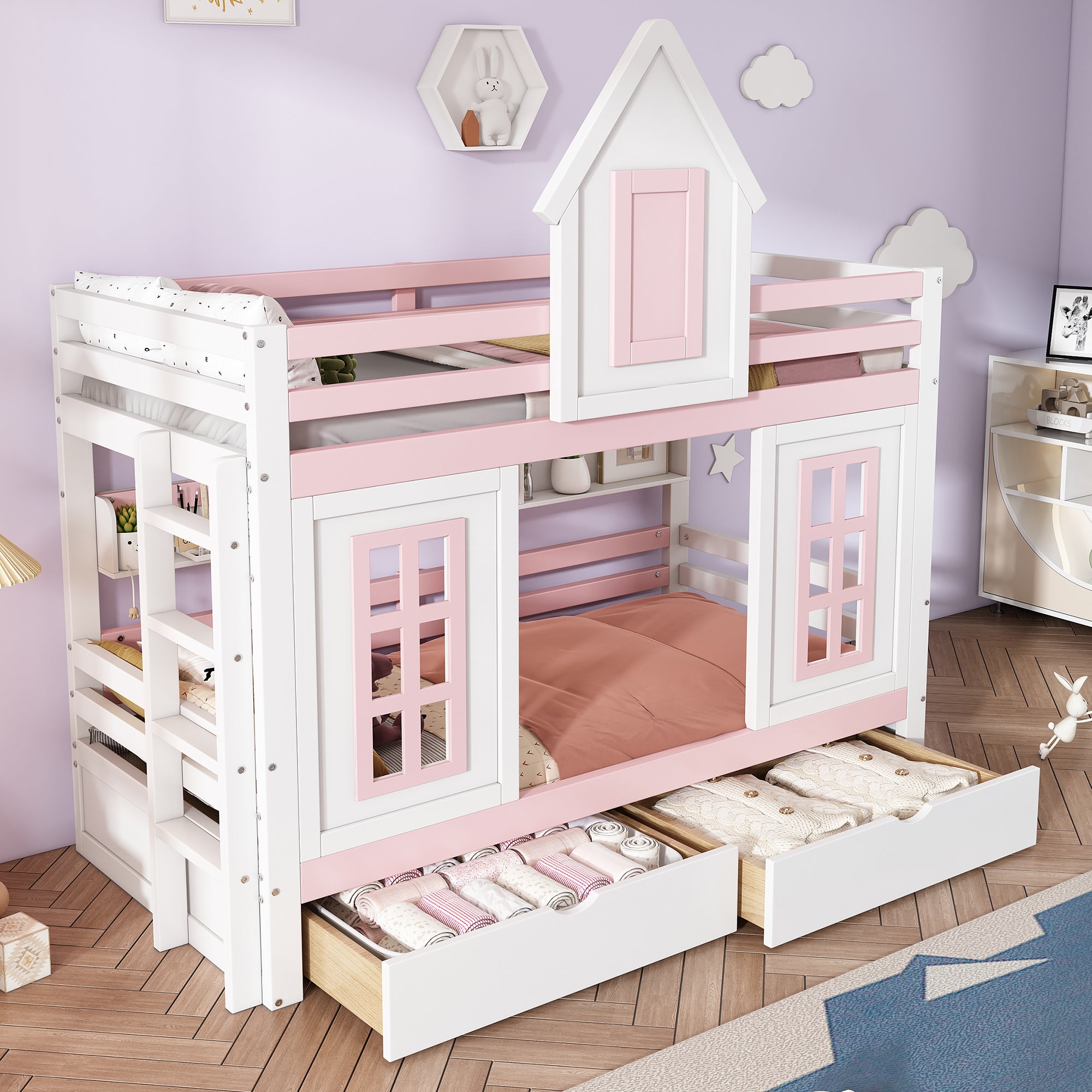 Letto a castello, letto per bambini con tetto e finestra, con sponda di sicurezza, due cassetti con rotelle, ripiano aperto, pino + MDF, bianco + rosa - 3