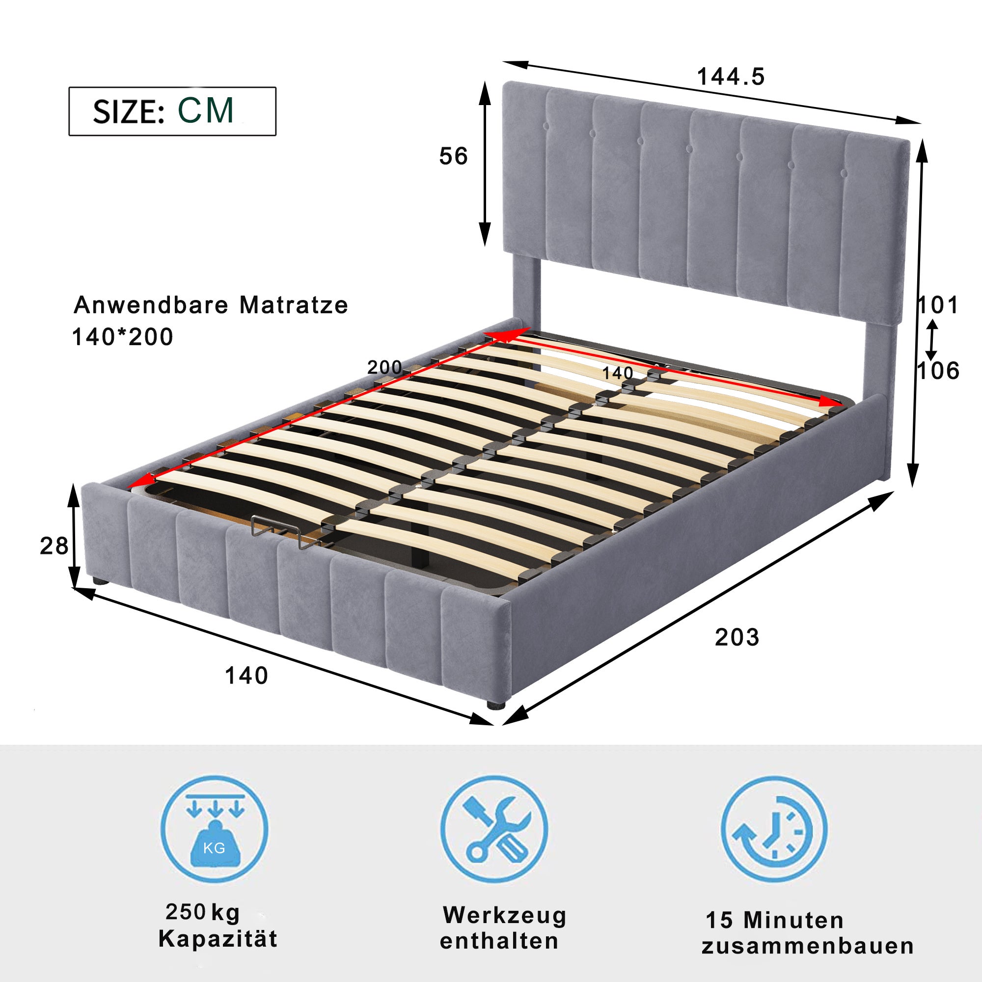 Cama contenedor con cabecero ajustable - 140 x 200 cm - terciopelo - somier de láminas - estilo escandinavo - gris - 5