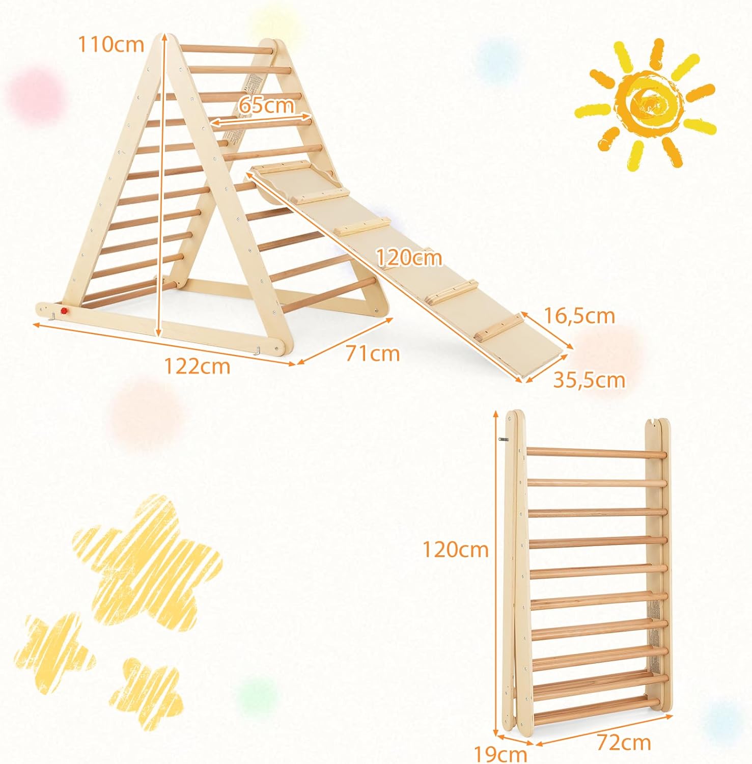 Triangolo a Gradini, Scala Giochi Arrampicata a Triangolo, con Scivolo, Palestra Coperta da Casa, Legno, Ideale per Bambini 3+ Anni (naturale) - 5