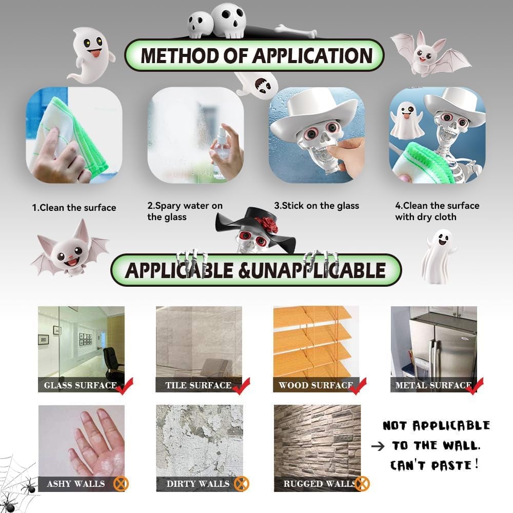 60 Feuilles Stickers Fenêtre Halloween 3D Extra-Larges, Fantômes Chauves-souris et Squelettes, Déco Vitre Maison Magasin Fête Halloween - 7