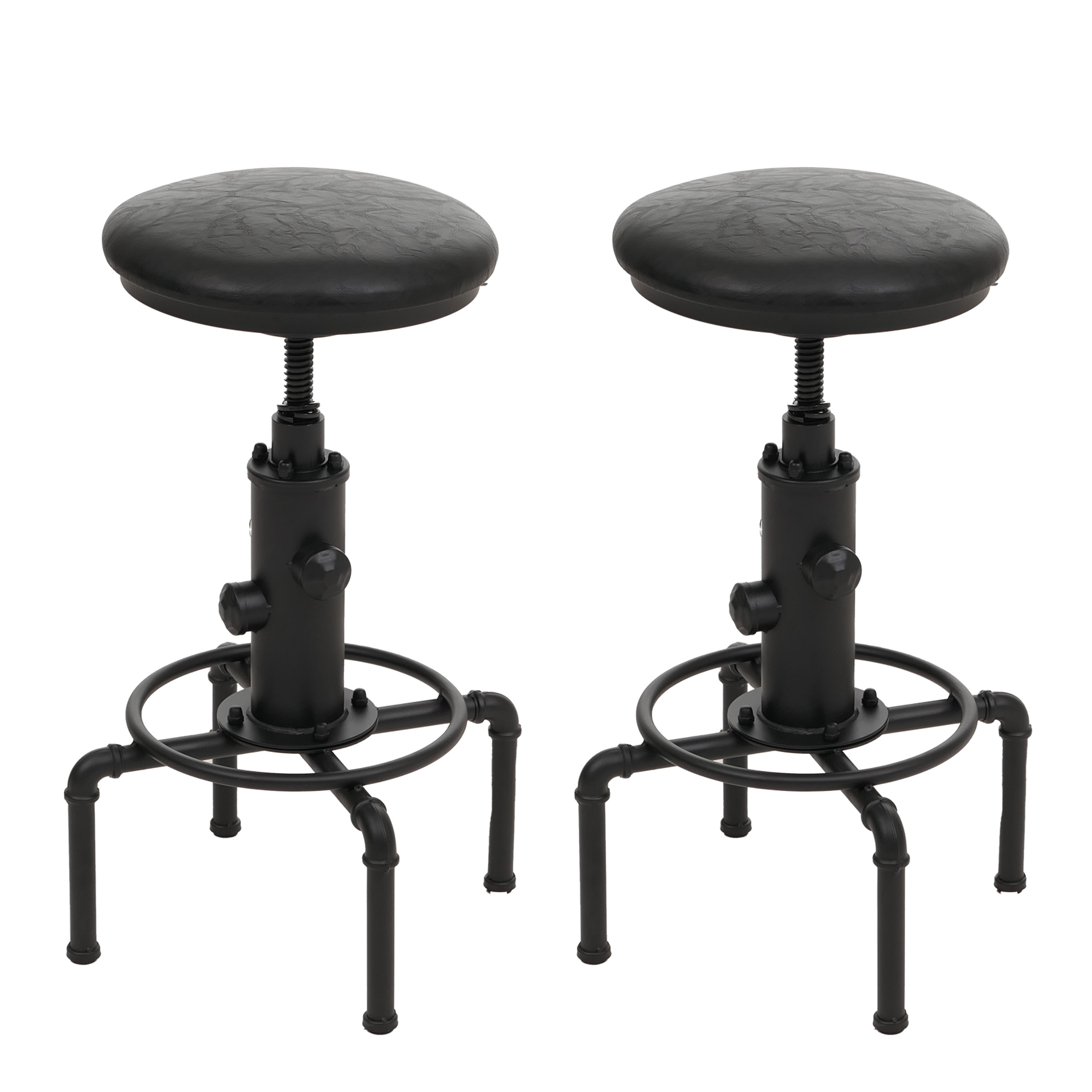 Zestaw 2 stołków barowych HWC-N23, stołki barowe z regulowaną wysokością, obrotowe, industrialne, metalowe, ze sztucznej skóry ~ czarne