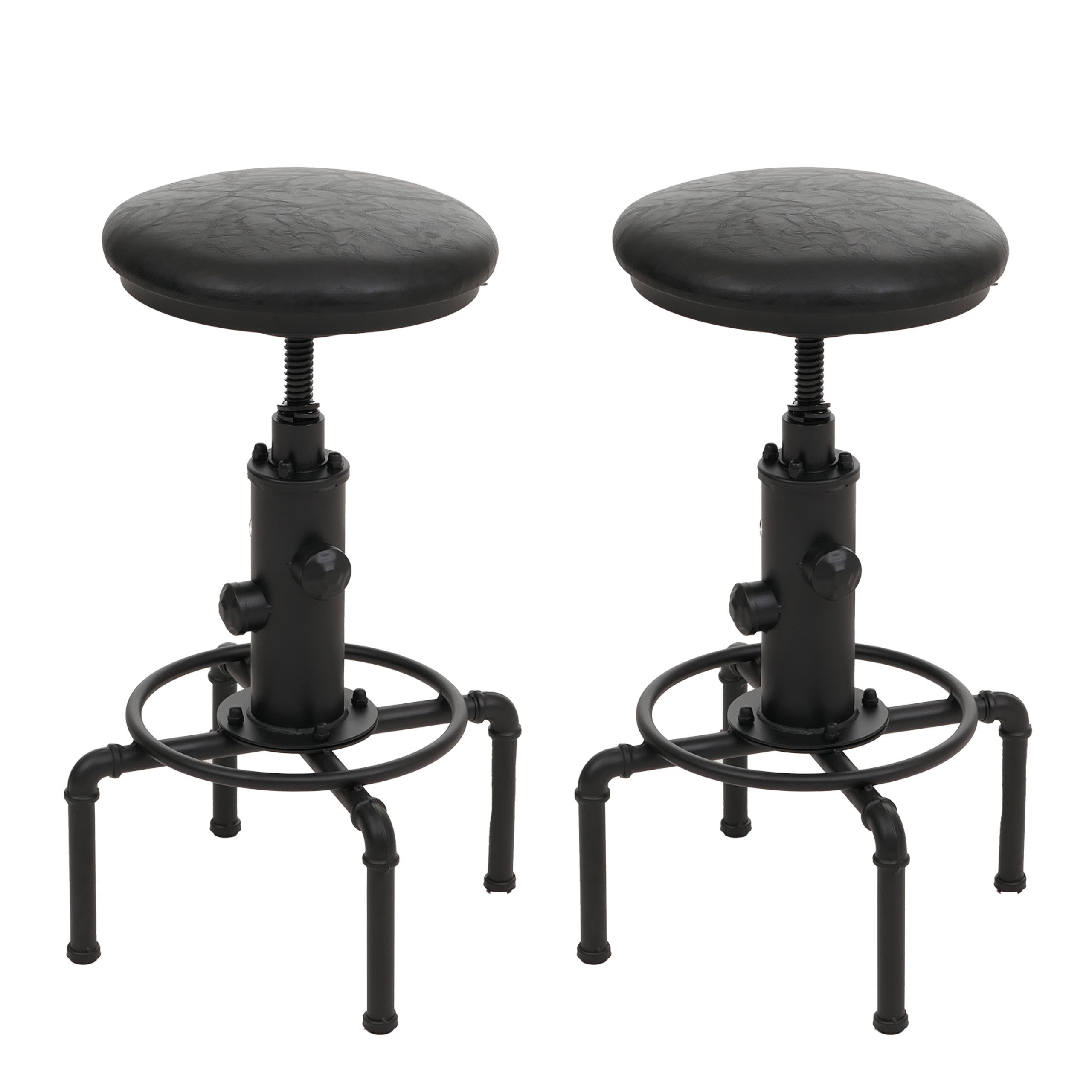 Zestaw 2 stołków barowych HWC-N23, stołki barowe z regulowaną wysokością, obrotowe, industrialne, metalowe, ze sztucznej skóry ~ czarne