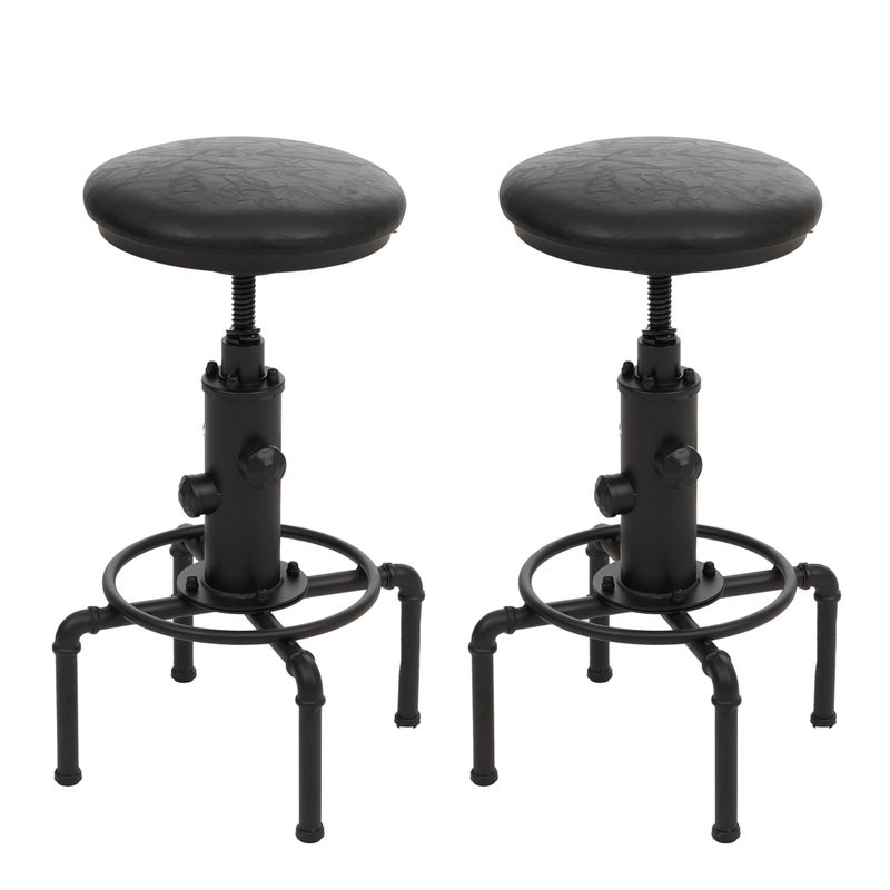 Zestaw 2 stołków barowych HWC-N23, stołki barowe z regulowaną wysokością, obrotowe, industrialne, metalowe, ze sztucznej skóry ~ czarne