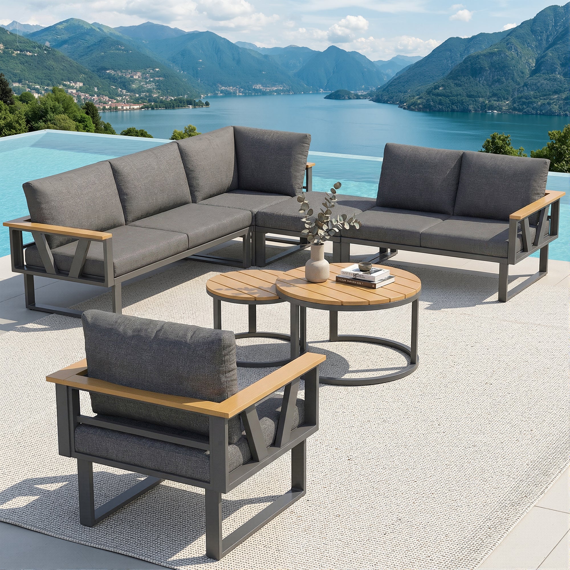 Salon de jardin - 6-7 places - en fer galvanisé - canapé d'angle - avec table basse gigogne - en bois plastique - fauteuil - repose-pieds, Gris - 2