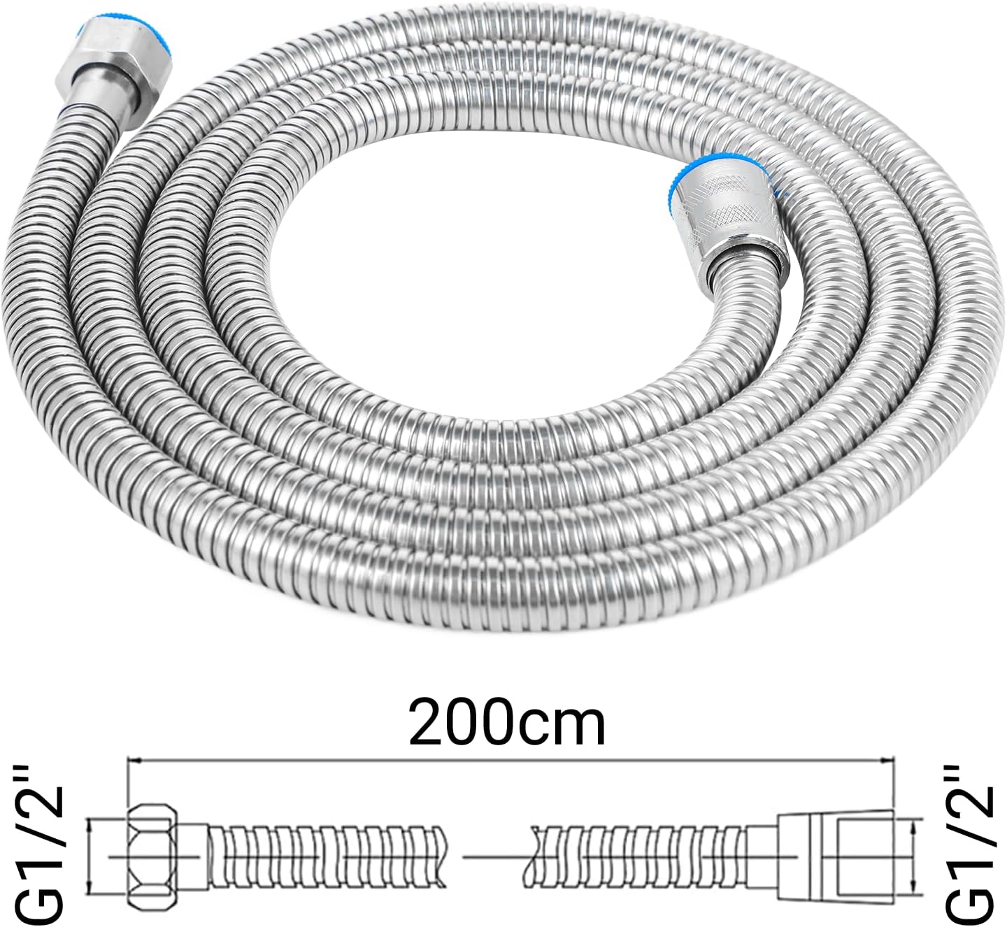Flexible De Douche - Flexible Douche 2m Tuyau De Douche En Acier Inoxydable Avec Protection Anti-Torsion Haute Pression Interface Standard G1/2 Design Chromé Convient à Toutes Les Douchettes (Argent