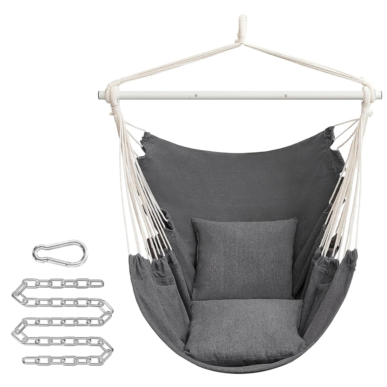 Fotoliu suspendat tip hamac cu 2 perne, lant si carabiniera incluse, 150x128 cm, gri inchis
