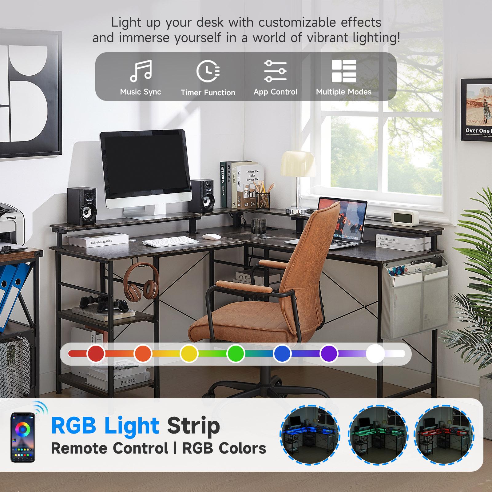 Biurko Gamingowe narożne Tbfit z LED RGB zsynchronizowanym z muzyką, odwracalnym blatem, portami USB i 4 regulowanymi półkami - 3