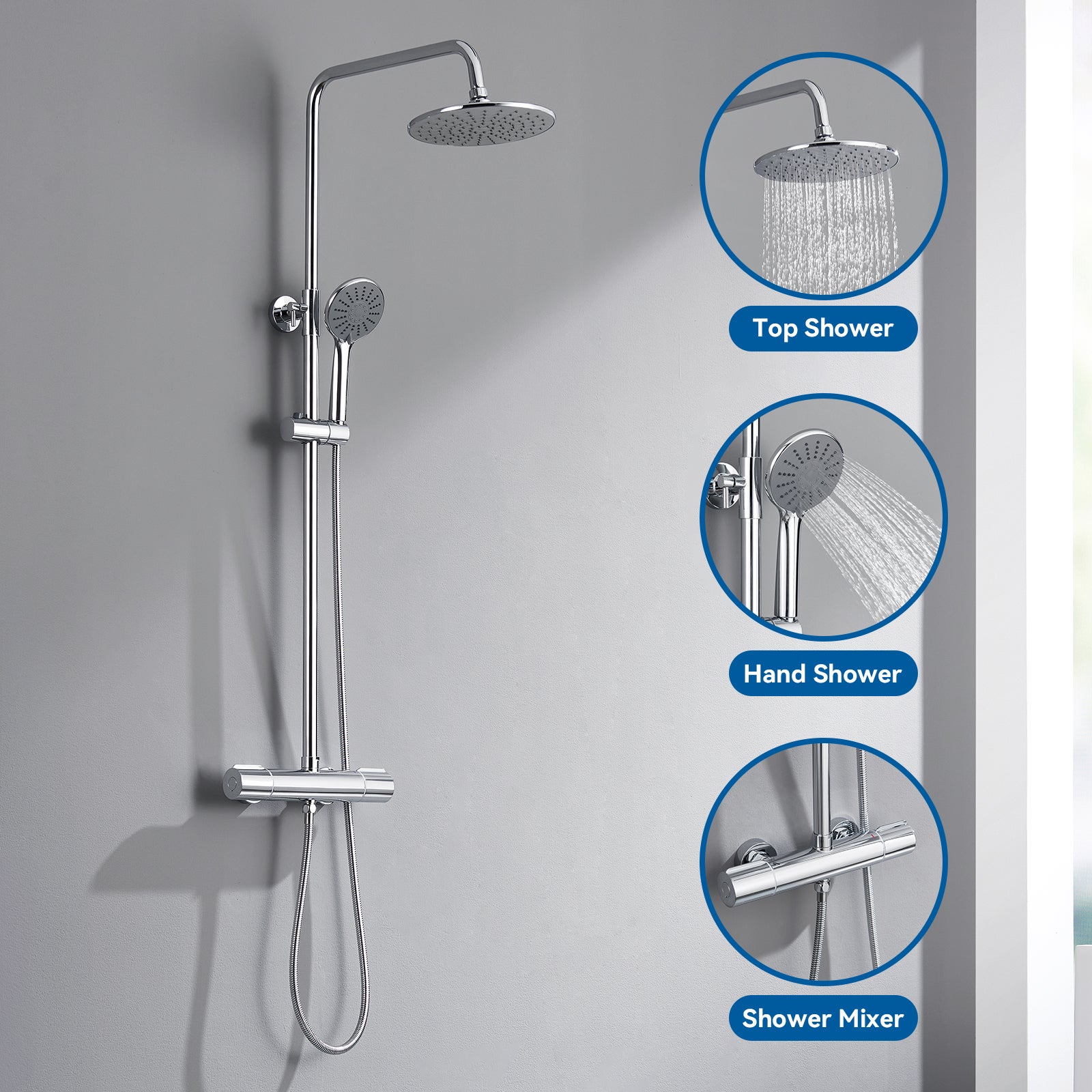 Colonne Douche Thermostatique Chromé,Hauteur Réglable Set Douche Douchette avec 3 Jets D’eau+60cm Porte-Serviettes Salle Bain Auto-adhésif/ Perçage - 2
