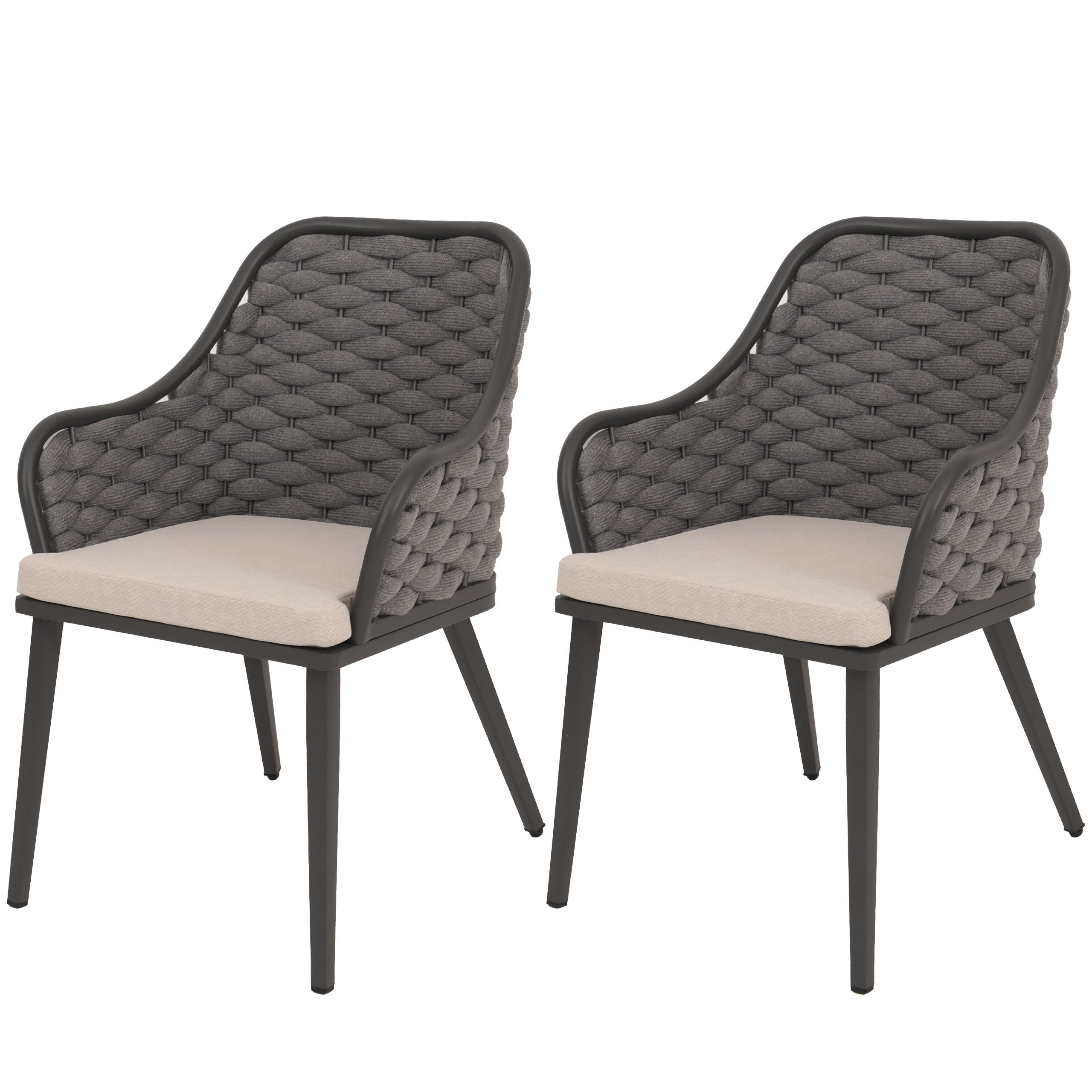 Zestaw 2 aluminiowych krzeseł ogrodowych HWC-O16, krzesło zewnętrzne, Olefin (200 g/m²) splot linowy Rope ~ antracyt poduszka taupe