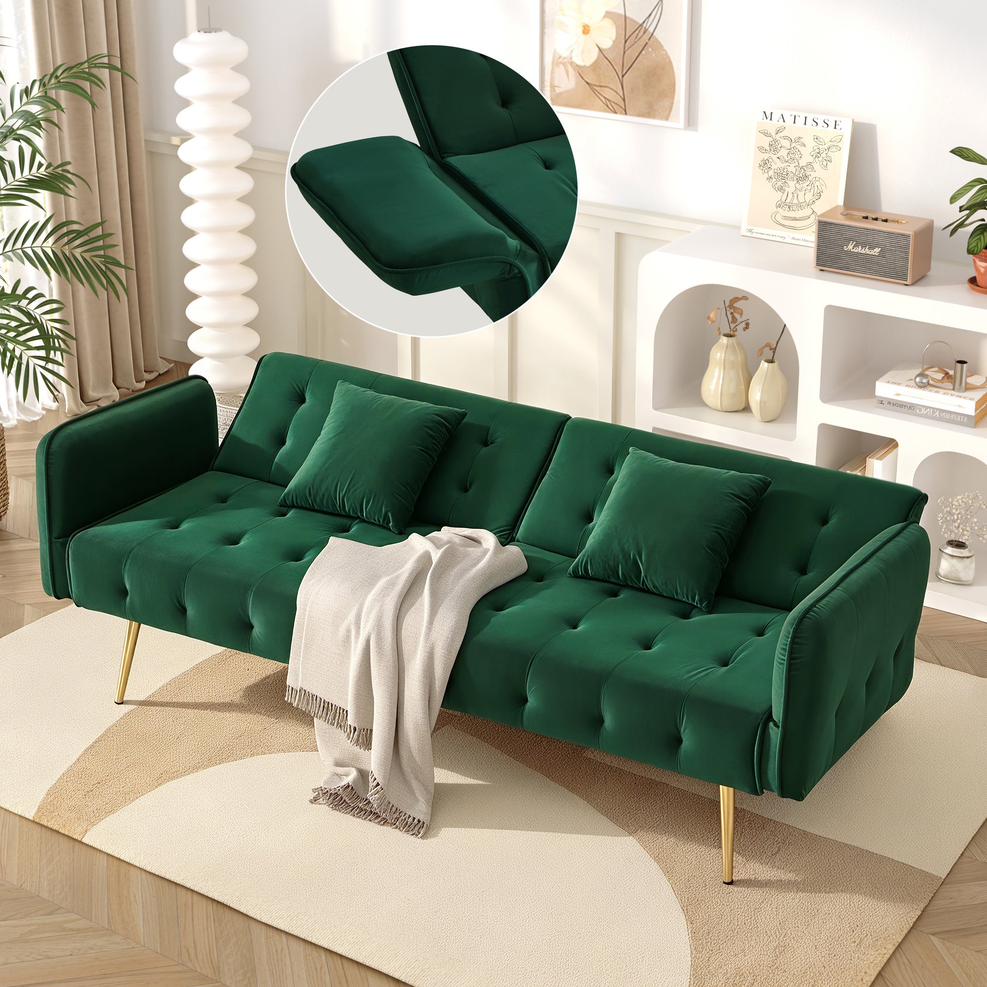 Sofa rozkładana 3-osobowa z regulowanym oparciem i podłokietnikami, Sofa rozkładana - 178 x 82 x 70 cm - Aksamitne i złote metalowe nogi - Zielony