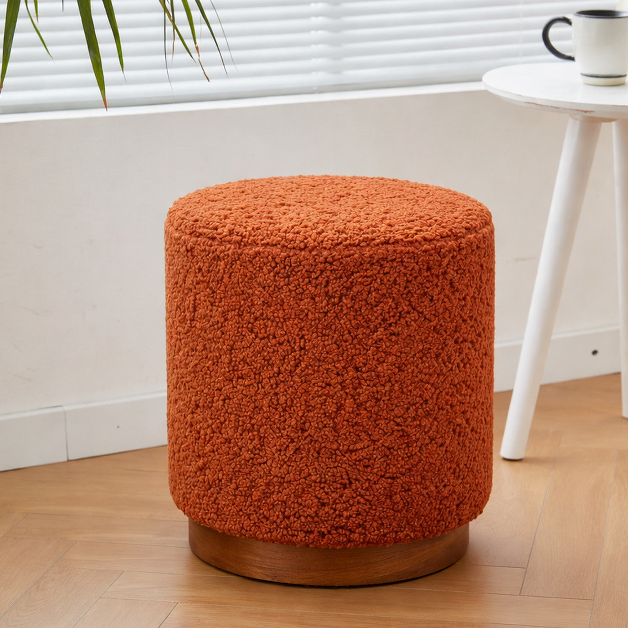 Nordlys - Pouf de Salon Base en Bois Marron Bouclettes Terracotta - 2