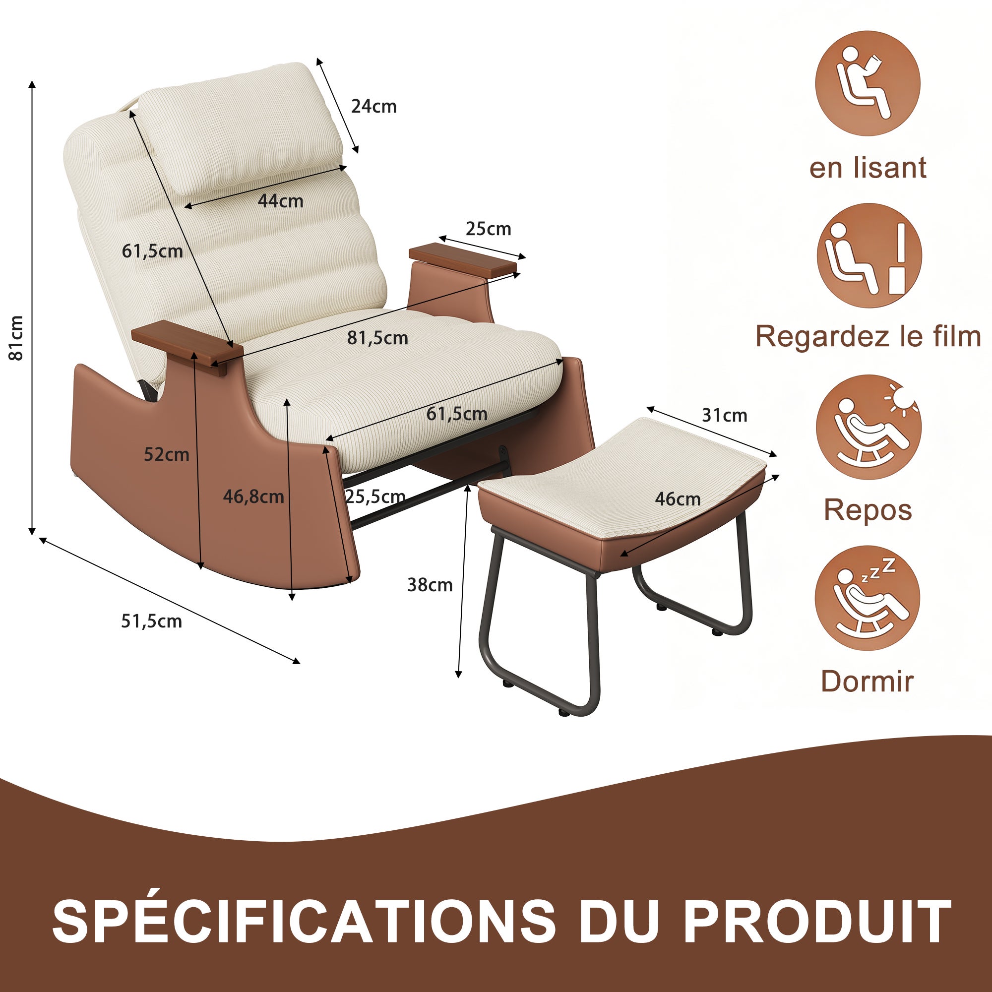 Fauteuil a Bascule avec Repose Pieds, Chaise a Bascule Allaitement Réglable 3 Positions Rocking Chair Intérieur Extérieur avec Coussin, Velours Côtelé - 2