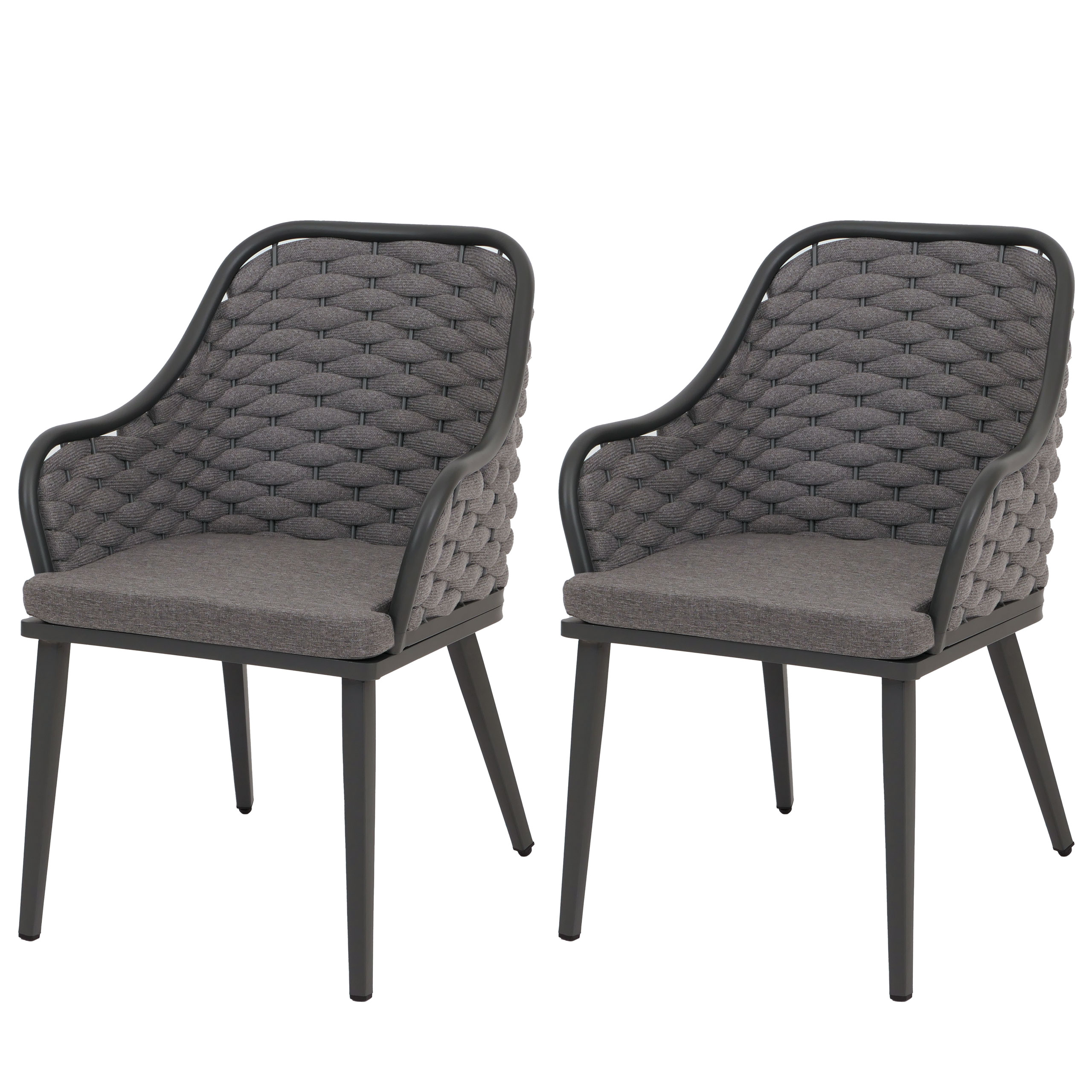 Zestaw 2 aluminiowych krzeseł ogrodowych HWC-O16, krzesło zewnętrzne, splot linowy Olefin (200 g/m²) Lina ~ antracyt Poduszka ciemnoszara