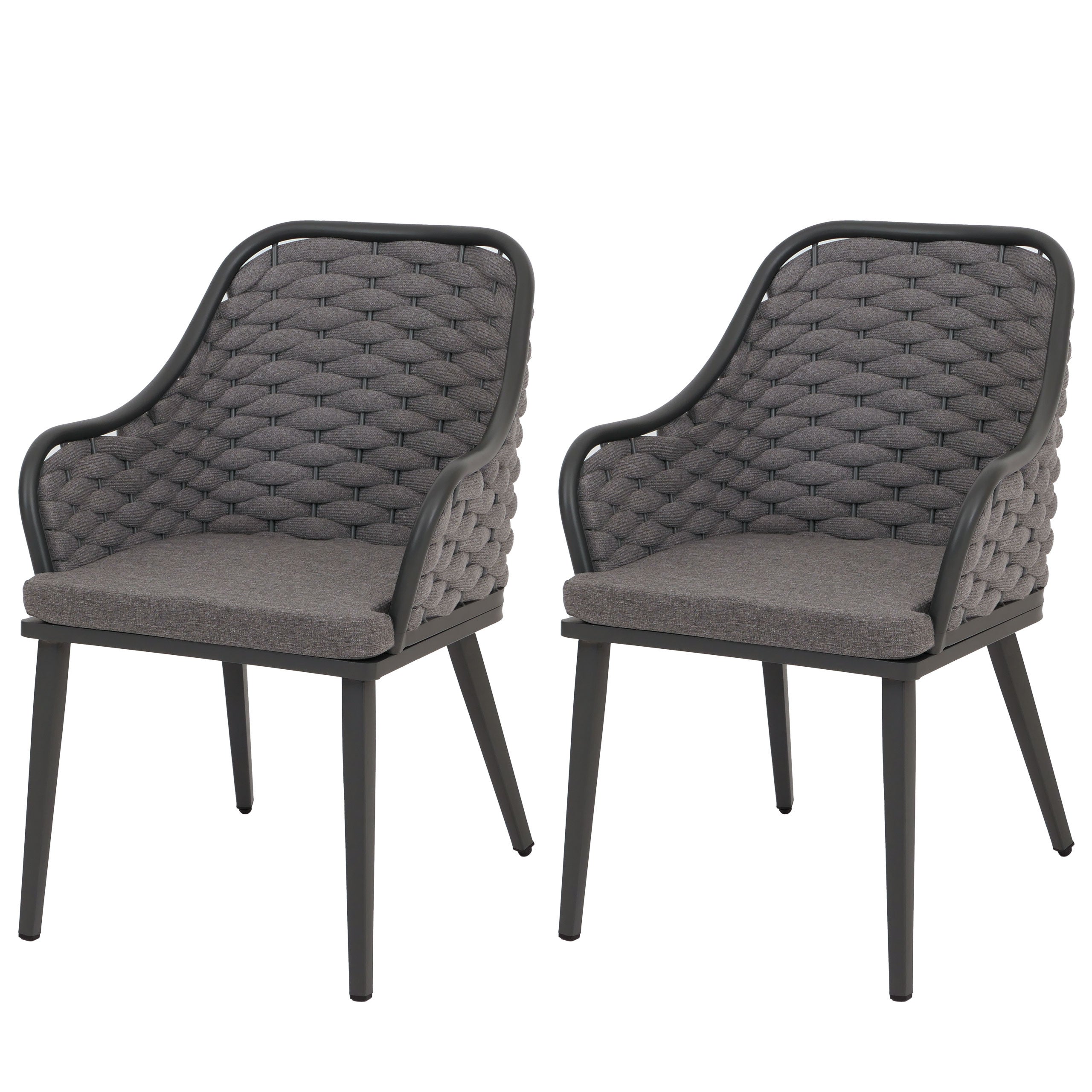 Zestaw 2 aluminiowych krzeseł ogrodowych HWC-O16, krzesło zewnętrzne, splot linowy Olefin (200 g/m²) Lina ~ antracyt Poduszka ciemnoszara