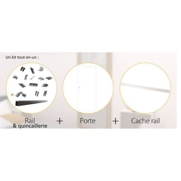 Kit porte coulissante - Blanc - rail 2 amortisseurs + cache rail blanc - H 204 x L 83 cm - 5