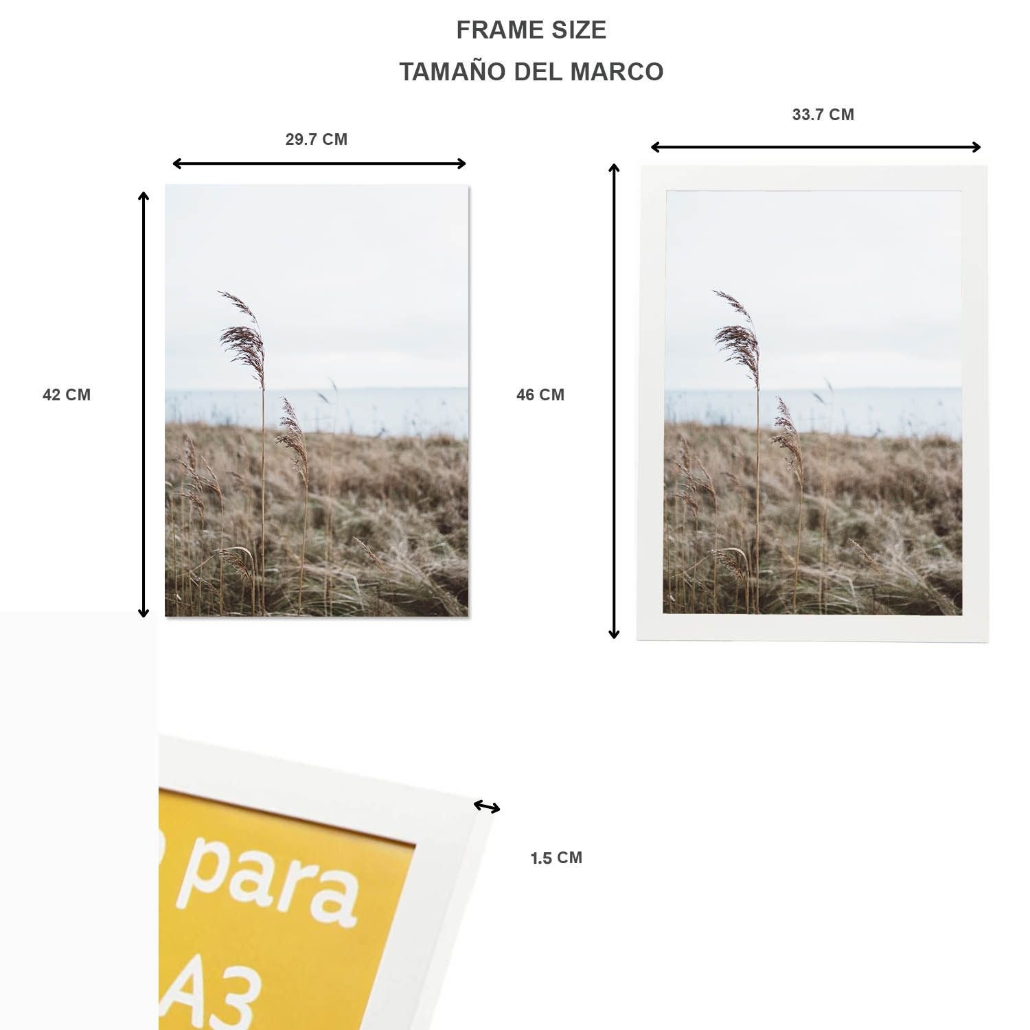 Nacnic Lot de 4 cadres en bois MDF blanc et verre acrylique pour protection et présentation de photos, affiches, chambre ou bureau A3 (29,7 x 42 cm) - 3