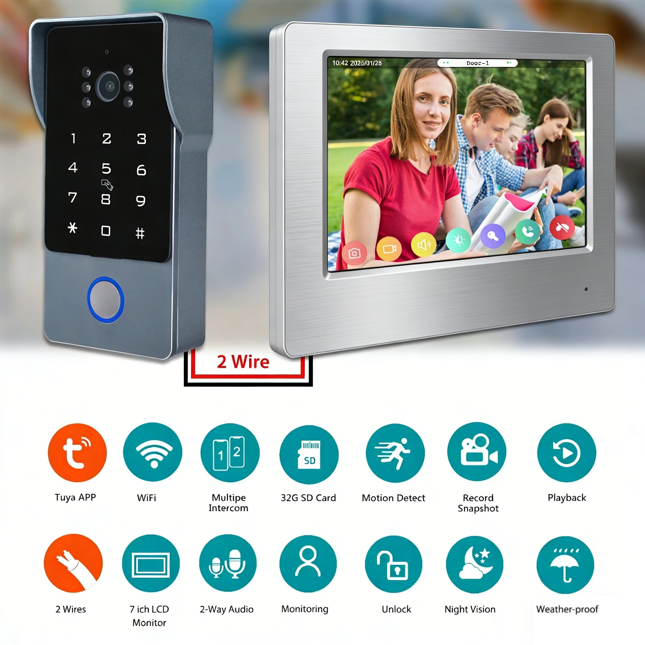 LOLLANDA Visiophone intelligent Tuya Wifi 1080P, 2 fils, interphone vidéo pour maison intelligente, moniteur tactile 7 pouces, sécurité(mot de passe) - 4