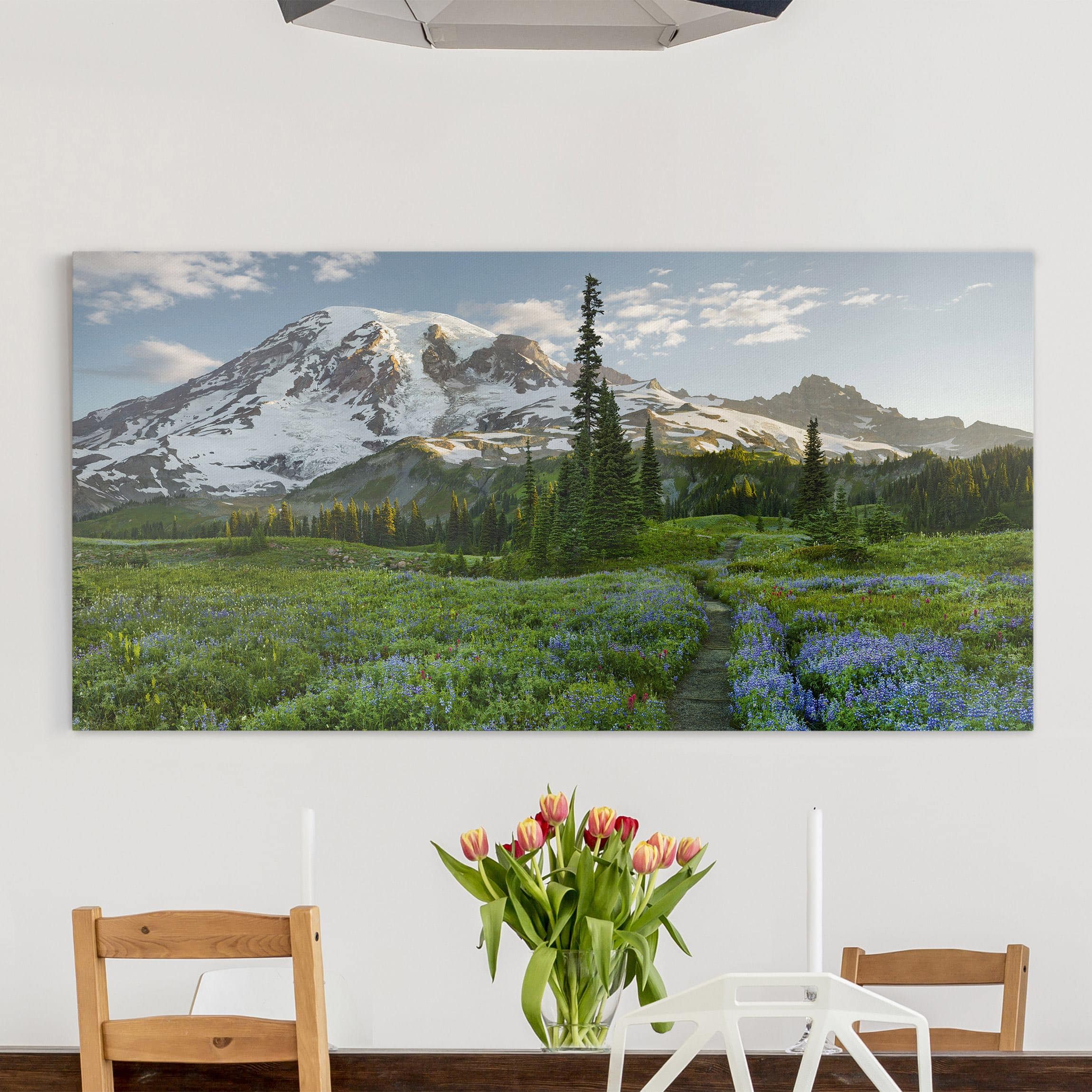 Lienzo cuadro en lienzo bastidor impresion en lienzo verde prado de flores montaña panorama campestre 188 dormitorio salón 120 x 60 cm