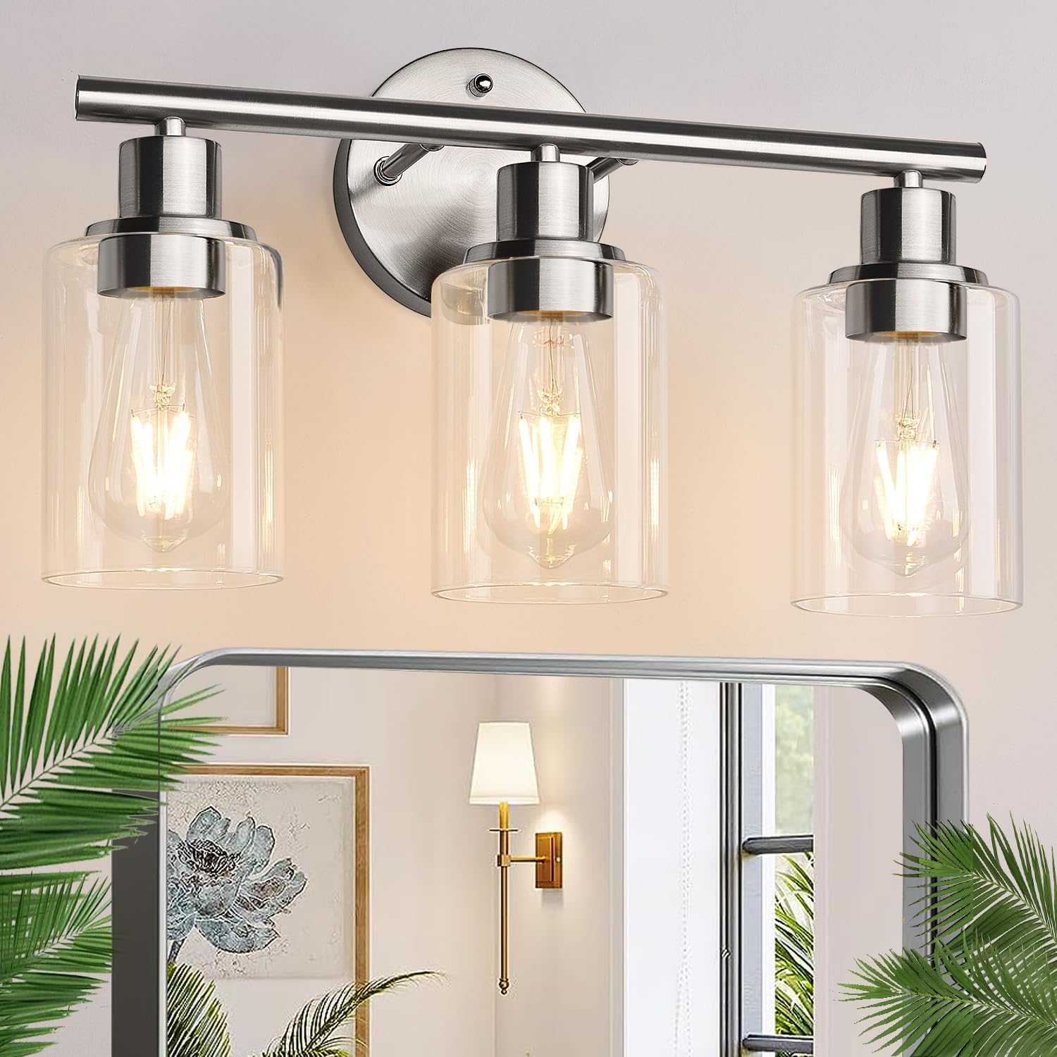 Aplique moderno plateado de 3 luces con pantalla de cristal transparente para baño, salón, dormitorio, bombilla e27 (no incluida)