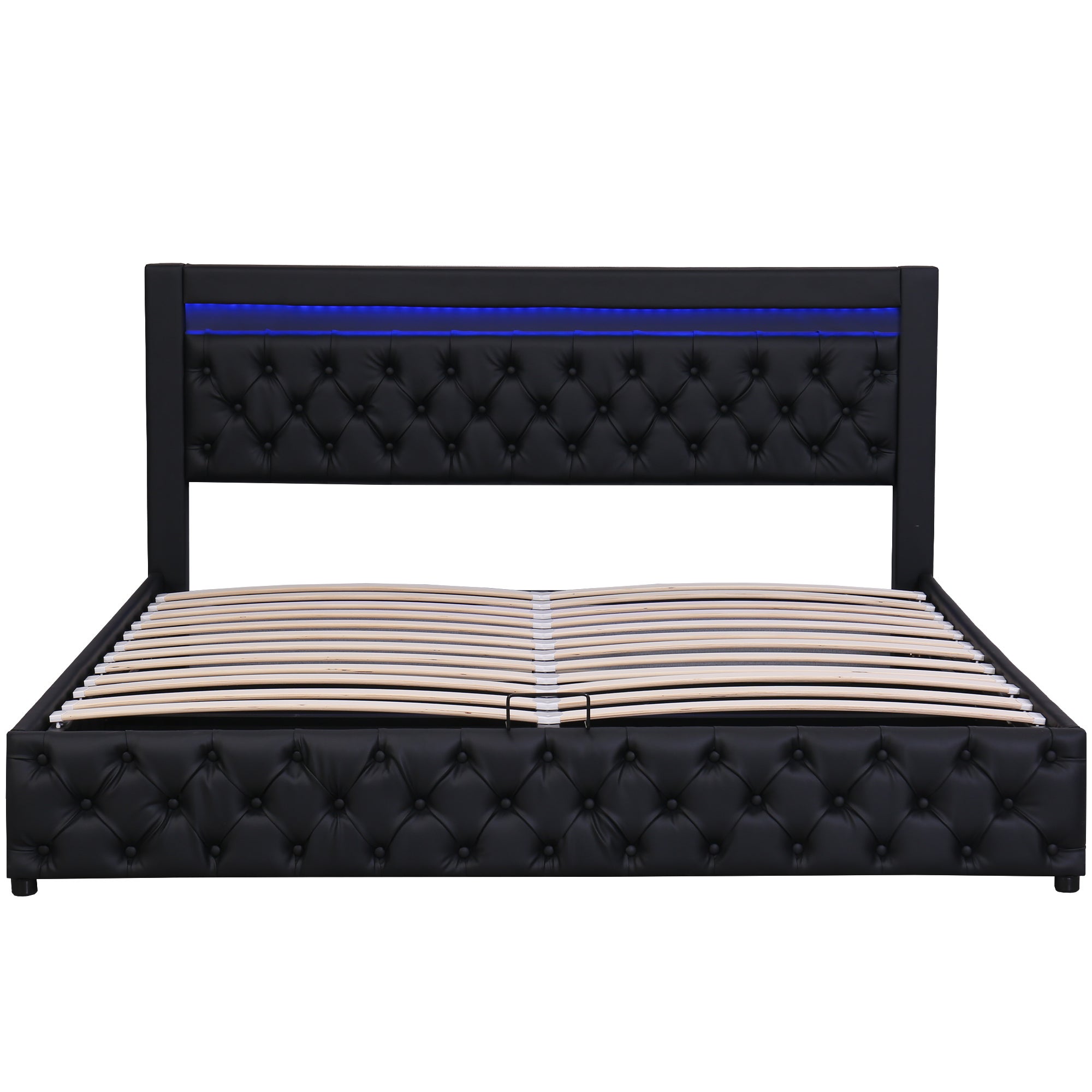 Łóżko z tapicerowanym zagłówkiem z ekoskóry z LED - 180x200cm - z stelażem na listwach - Czarny - 4