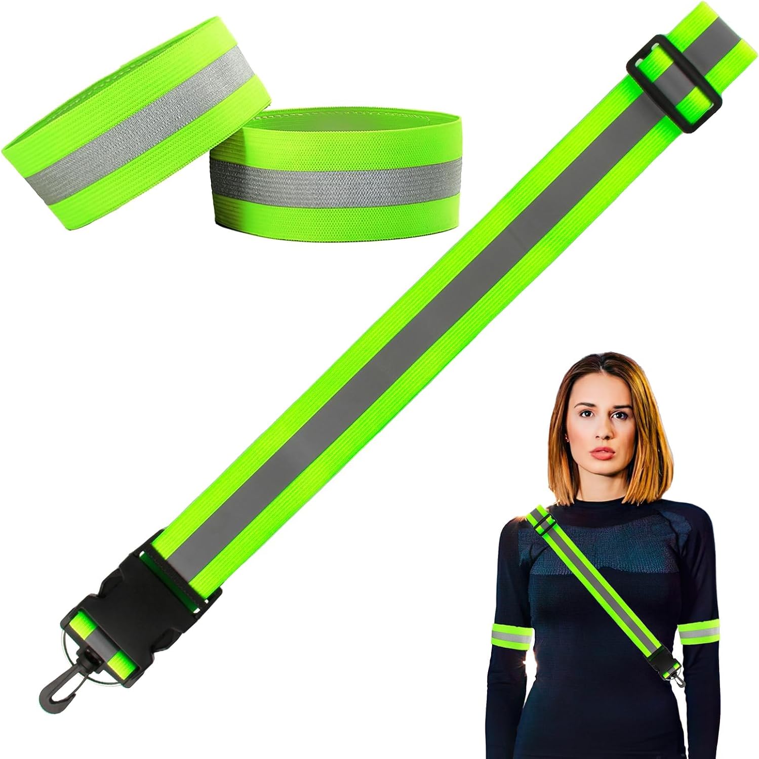 Set Di 2 Cinture Riflettenti Elastiche Per Sicurezza - Bracciale E Cintura Per Corsa, Ciclismo, Jogging - Verde Fluorescente - 4