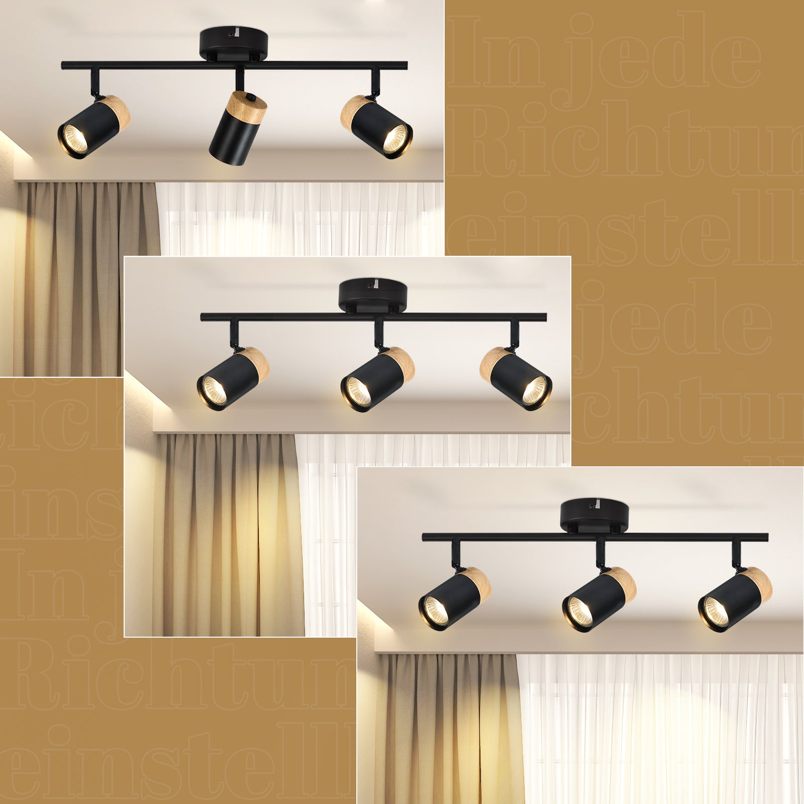 ZMH Spot LED 3 flammes - Noir - Rotatif 330° - Sans ampoule - 6