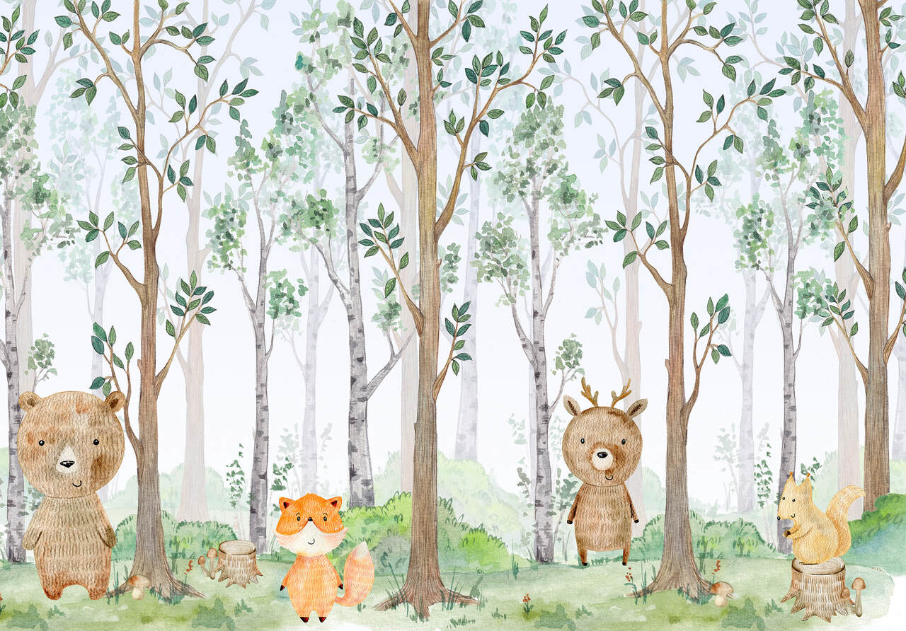 Papel pintado niños bosque animales panorámico 368x254 cm - cola incluida - dormitorio infantil - trampantojo moderno