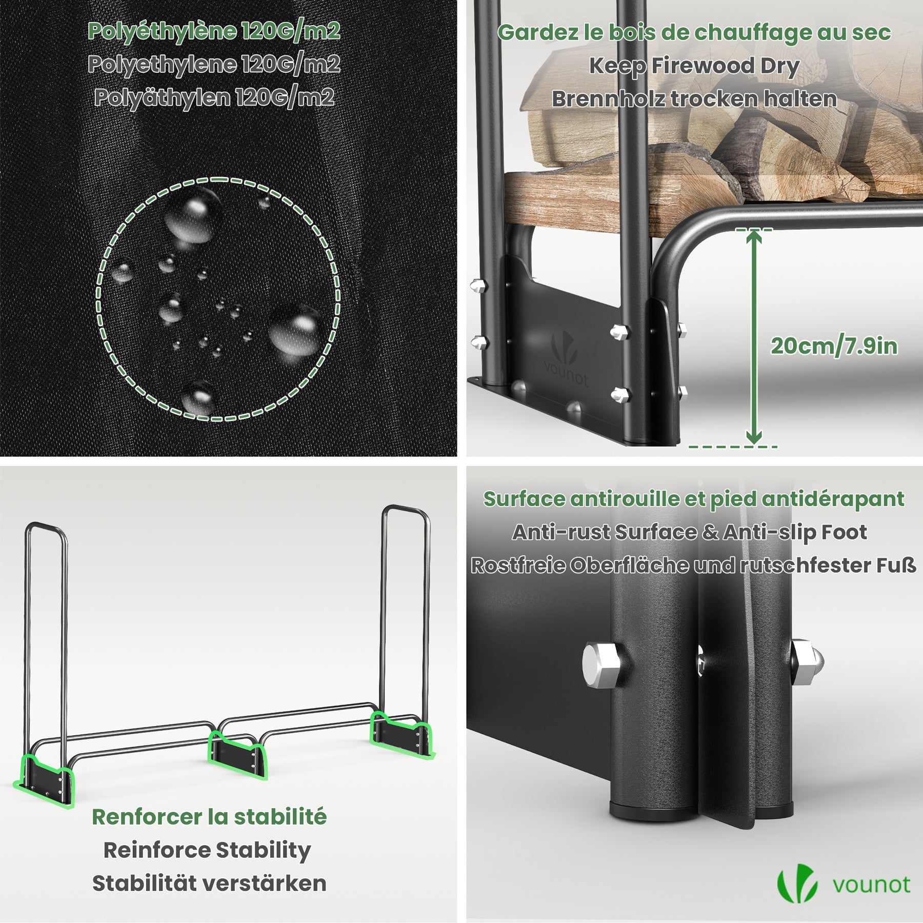 Abri range-bûches 2m avec housse noire - Serre bûche en métal - Support bois de chauffage pour cheminée et extérieur - VOUNOT® - 5
