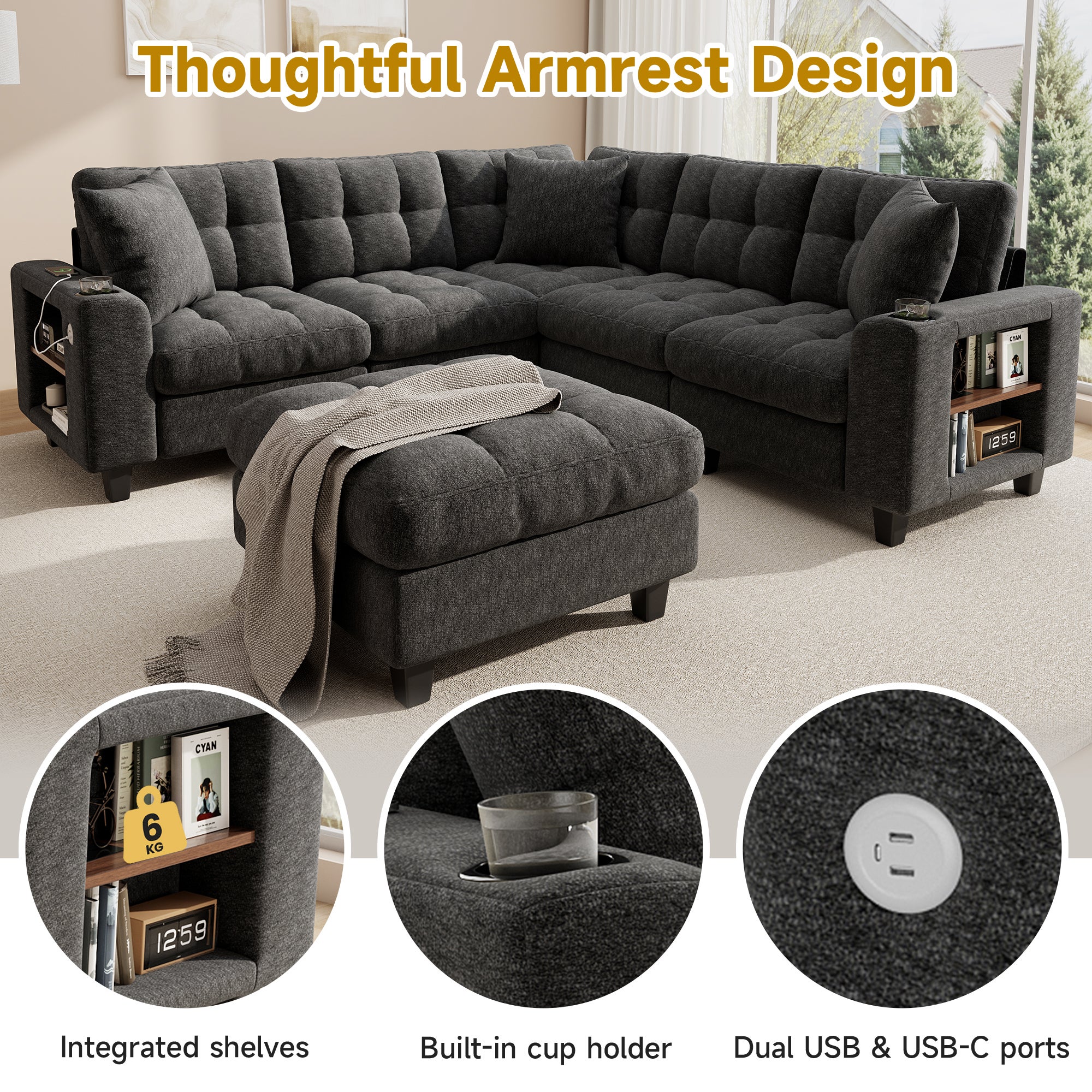 Canapé d'Angle XXL Modulaire en U, 6 Places en Chenille avec Accoudoirs Bibliothèque, Pouf Amovible, Porte-Gobelets et Ports USB/USB-C Intégrés, Gris - 6