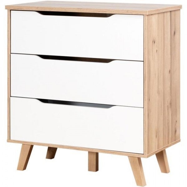 Commode 3 tiroirs - Décor chene et blanc mat - Pieds en massif ...