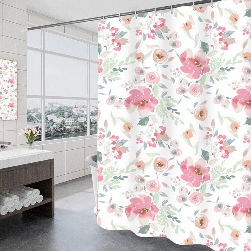 Zasłona prysznicowa 150 x 200 cm z 12 haczykami, szybkoschnąca (Rose Manor), wodoodporna tkanina poliestrowa, można prać w pralce, zasłona łazienkowa