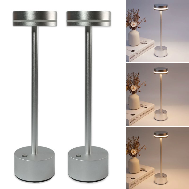 Bezprzewodowa lampa stołowa ładowana przez USB, zestaw 2 dotykowych lamp biurkowych LED, 3 temperatury barwowe, do wnętrz, na zewnątrz, srebrna