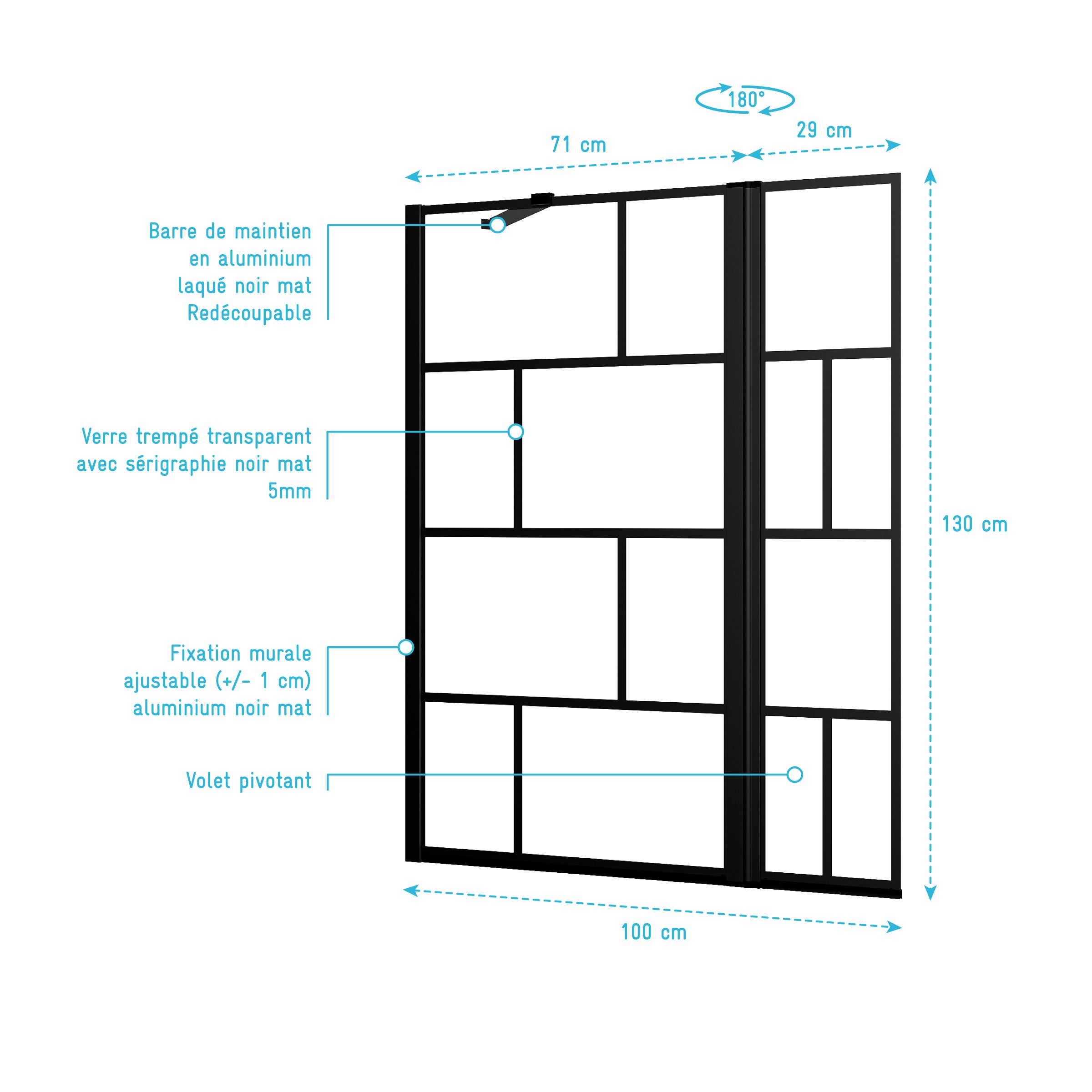 Pare baignoire avec volet pivotant - profile noir mat - 130x104 (HxL) - verre 5mm sérigraphié - 4
