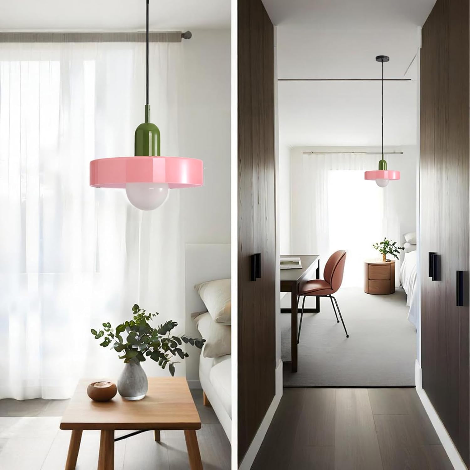 Lampe à suspension du milieu du siècle, plafonnier coloré avec abat-jour en verre, luminaire suspendu vintage en fer et verre,Chambre ou Café (Rose) - 3