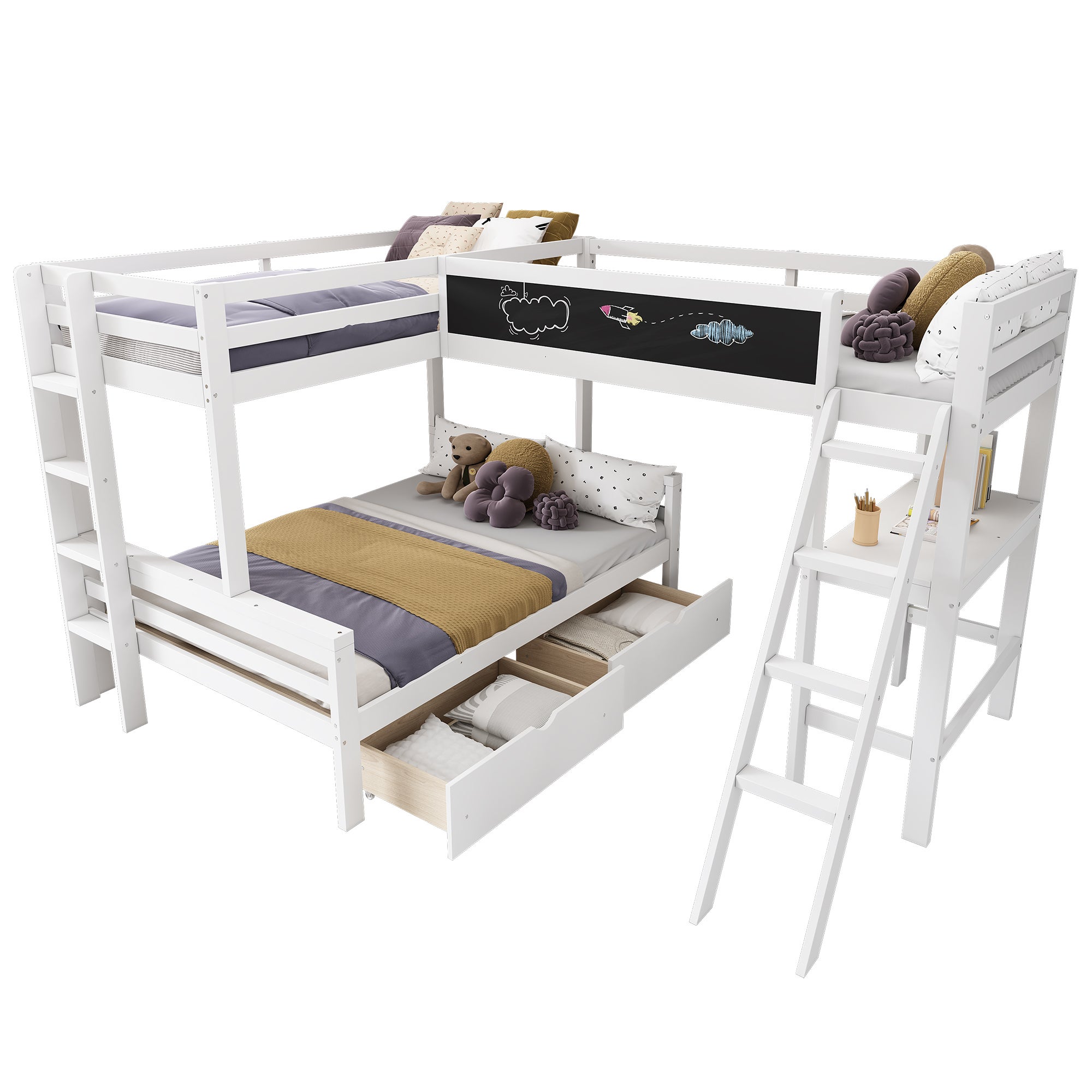 Lit superposé 2x90x200cm + 140x200cm en bois - avec un bureau et 2 tiroirs - Blanc - 4