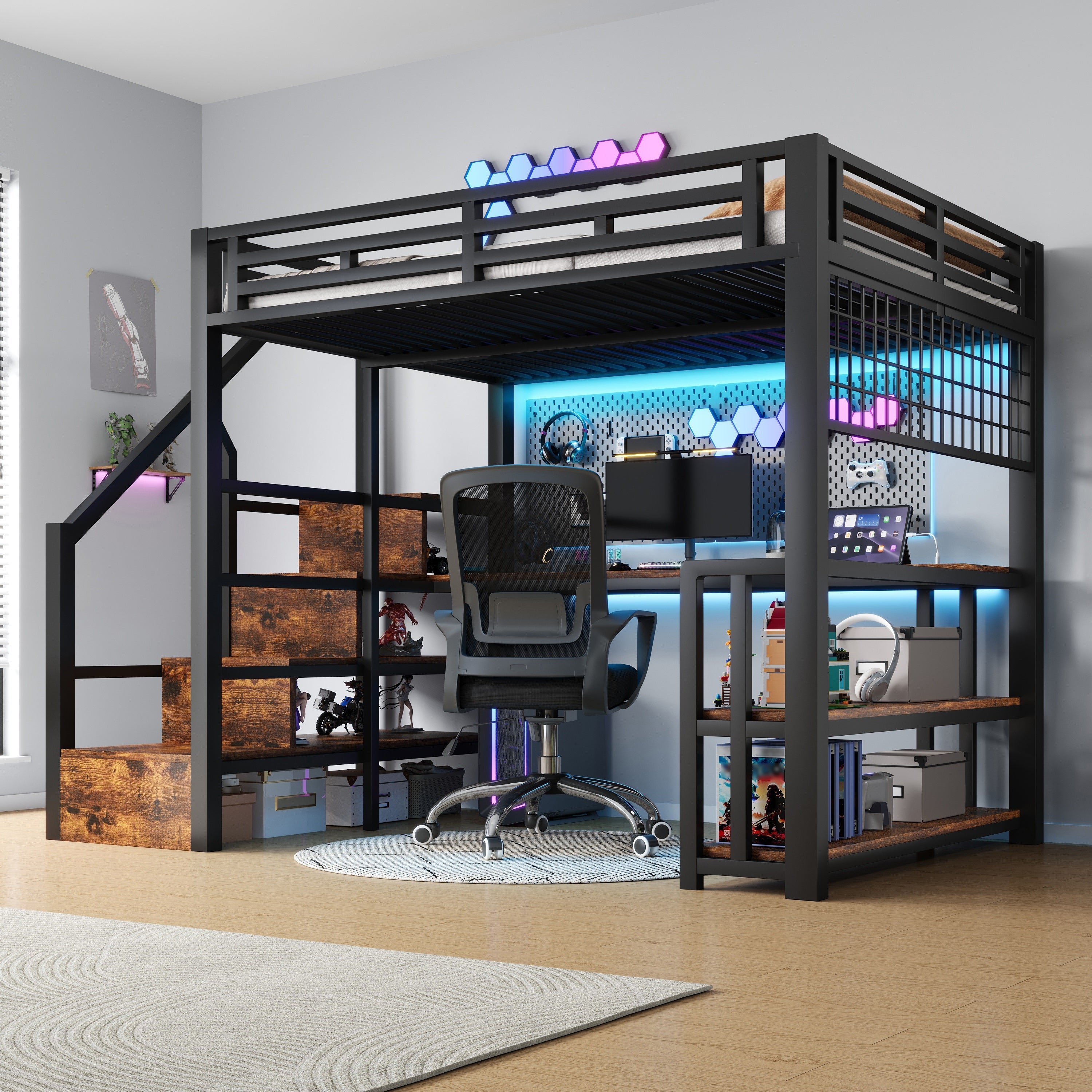 Lit mezzanine 140x200 cm avec bureau, étagères, rangements suspendus, éclairage LED, escalier tiroirs, 2 USB + Type-C, métal, noir - 3