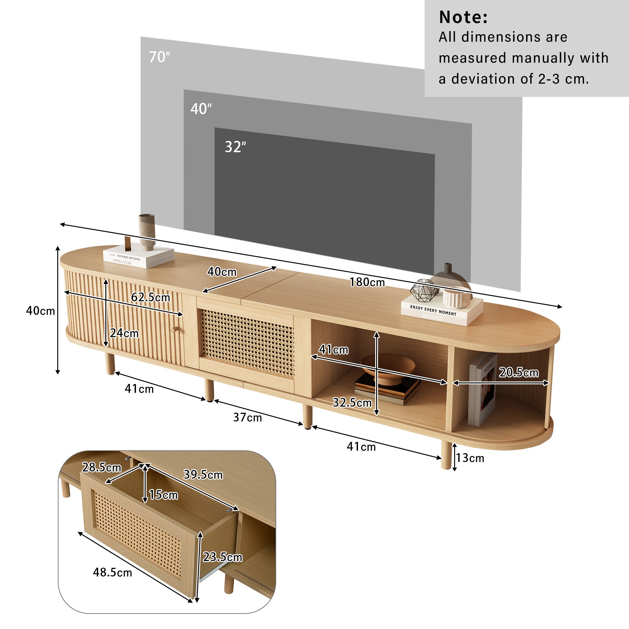 Stolik pod telewizor z 2 drzwiami przesuwnymi, 1 szufladą z efektem rattanu i regulowanymi nóżkami - MDF - 180 x 40 x 40 cm - Jasne drewno - 6