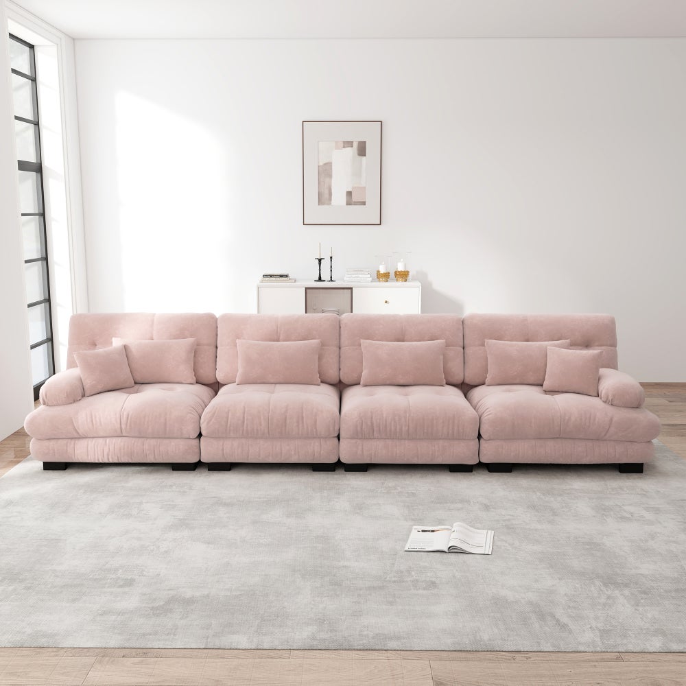 Sofa narożna, 4-osobowa, modułowa, szenilowa, głębokie siedzisko, funkcja spania, różowa