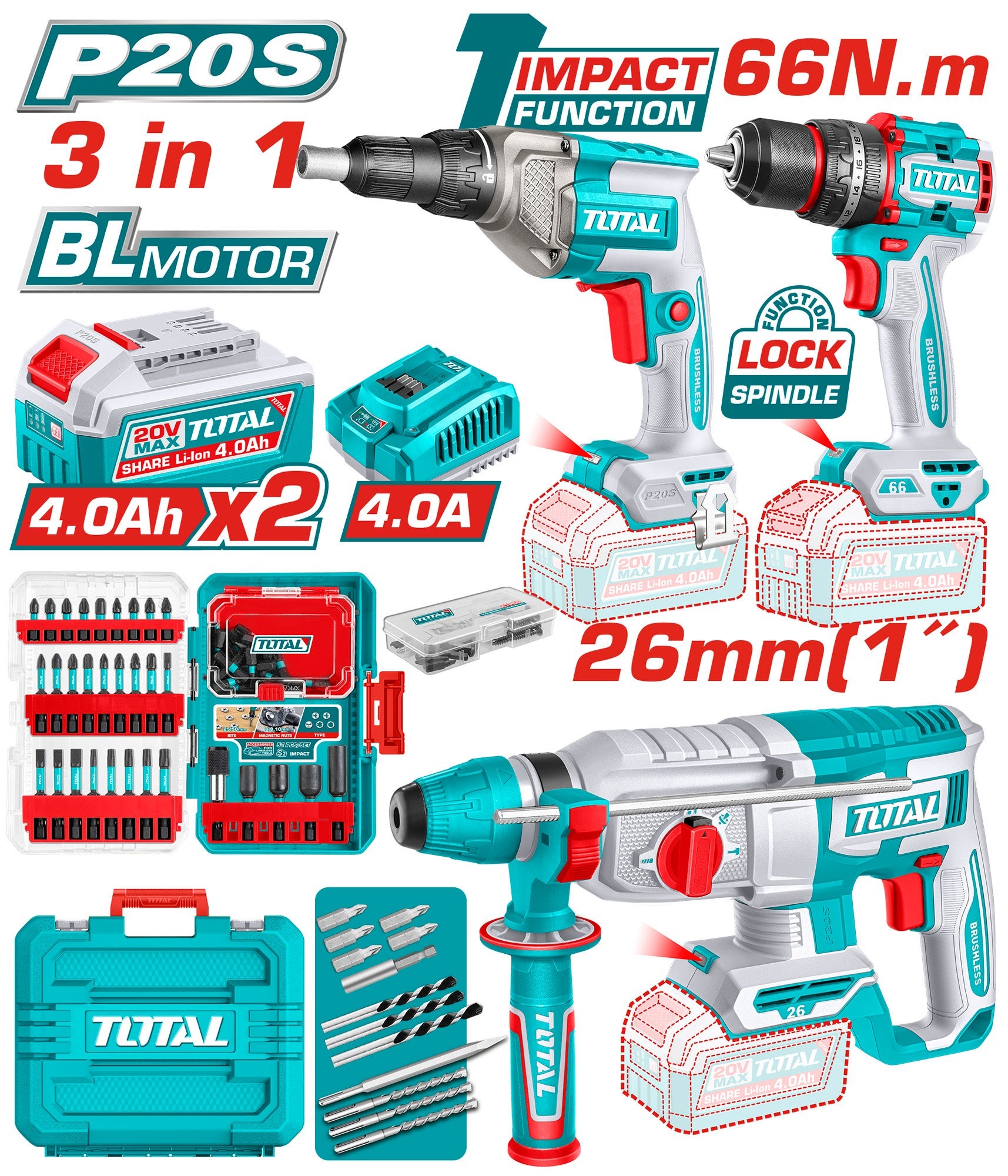 Kit scule TOTAL 20V, Masina de gaurit cu impact, Surubelnita cu opritor si Ciocan rotopercutor, include 2 acumulatori 4 Ah si incarcator