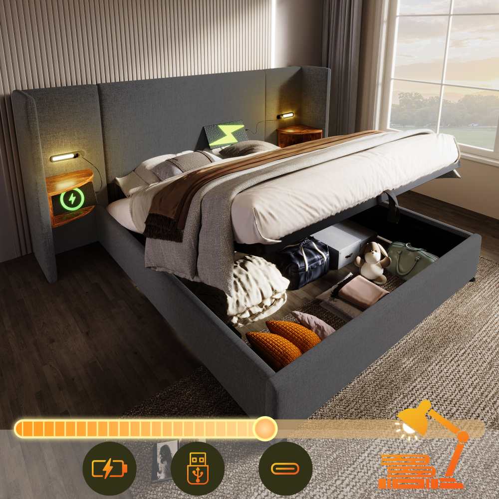 Letto Matrimoniale 160x200 Cm Con LED, USB E Luci Integrate, Struttura In Lino Beige E Metallo, Con Contenitore - 3