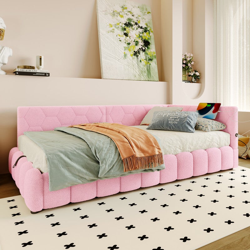 Sofa rozkładana 90x200 cm ze schowkiem - z oświetleniem LED - z USB + Type-C - różowa (bez materaca)