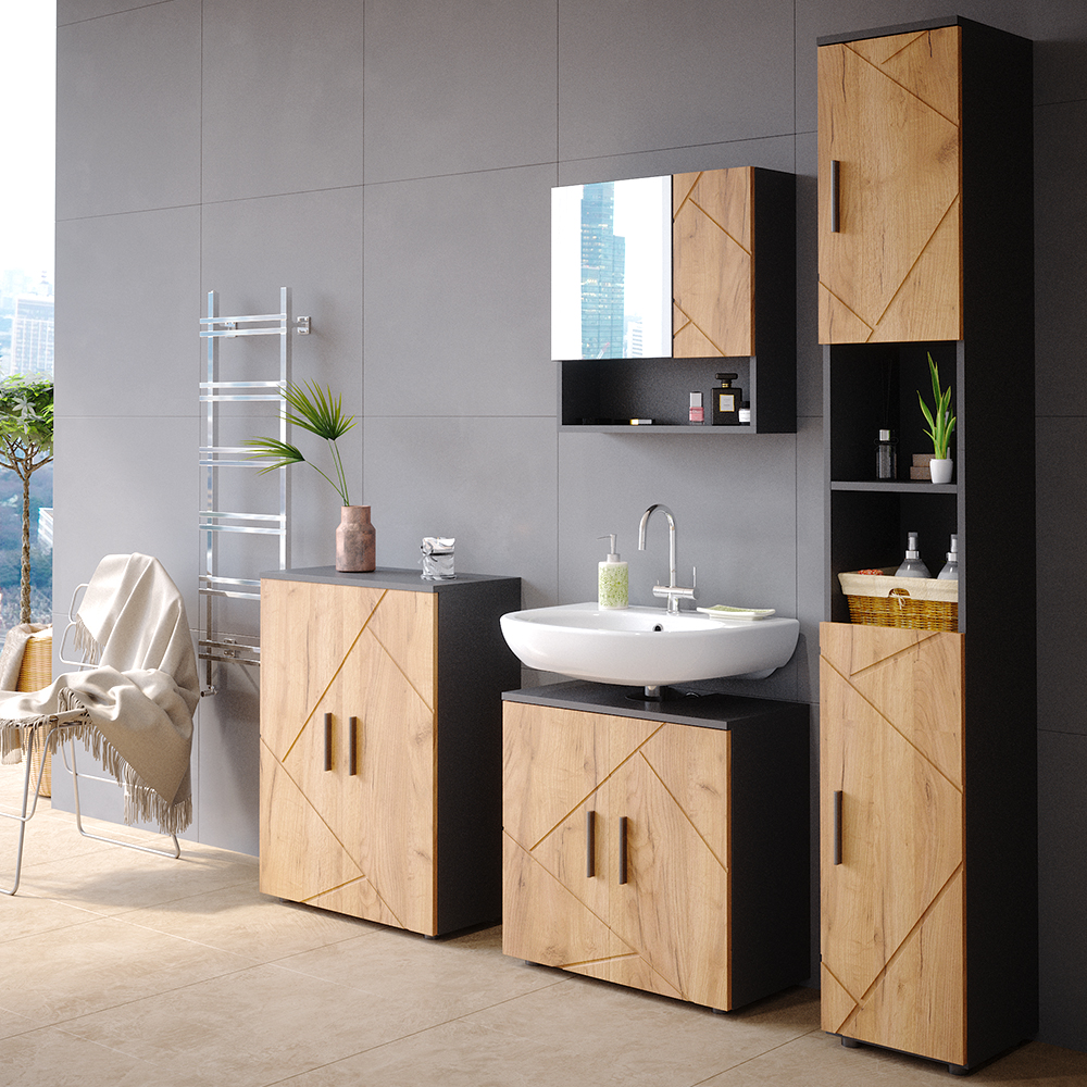 Vicco Armario de baño Irma, Oro power roble/antracita, 30 x 192 cm - 4