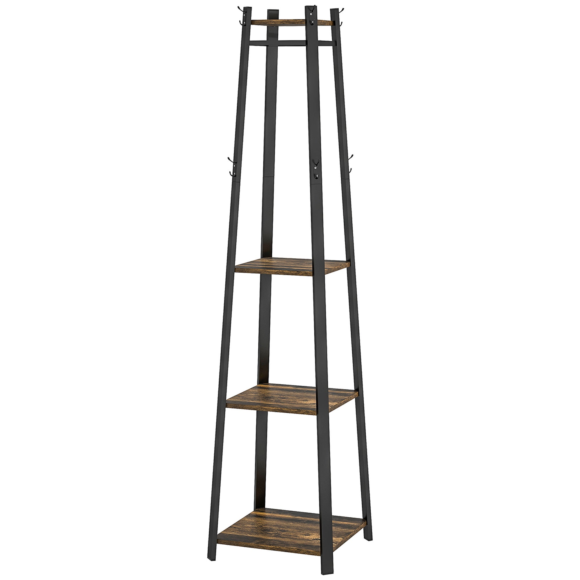 Appendiabiti Da Terra HOMCOM A Trapezio – 8 Ganci Doppi, 3 Ripiani E Mensola Superiore, 34x34x170 Cm, Marrone Rustico, Per Ingresso E Camera