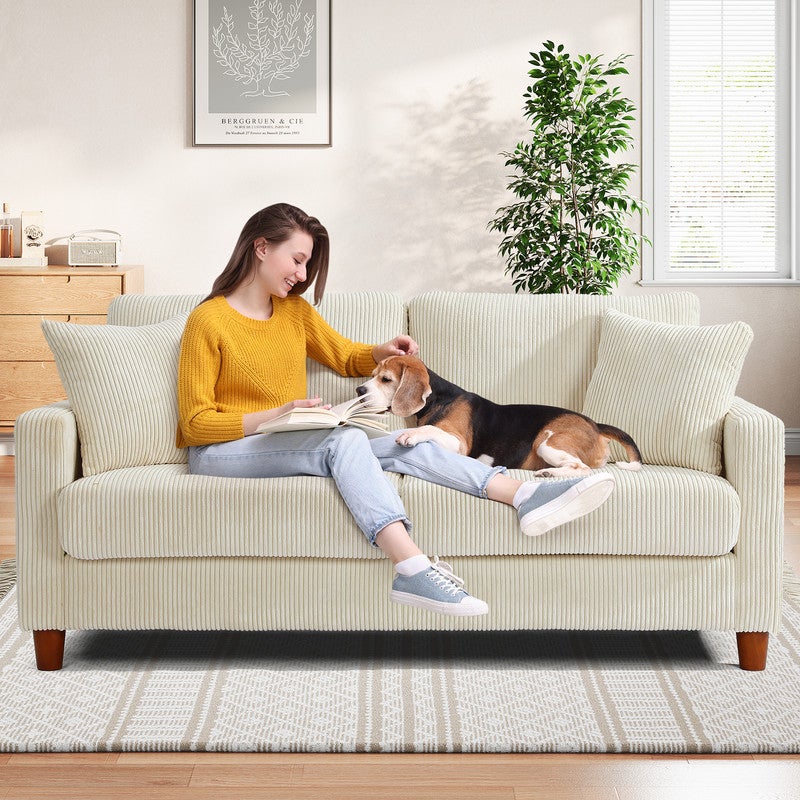 Canapé 2/3 Places en Velours Côtelé Beige,Canapé Scandinave avec 2 coussins et 2 oreillers pour le salon,178×76×84cm - 4